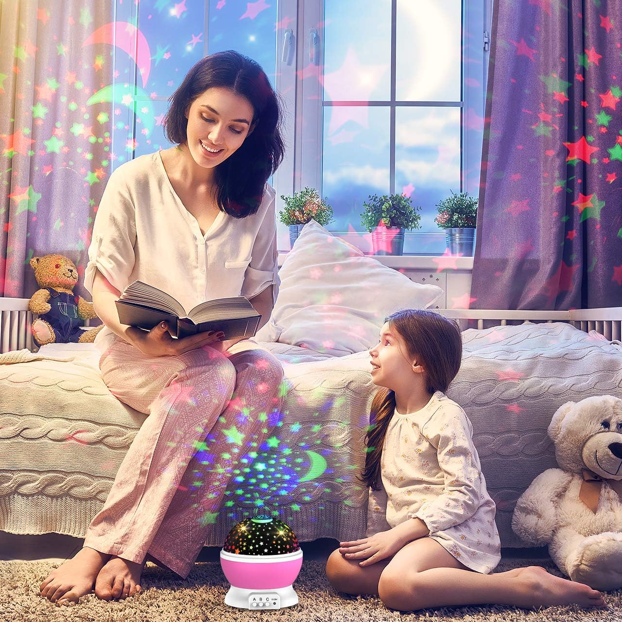 Kids Stars Night Light Projector: DEVRNEZ 360 Degree Rotating Moon Star Nightlight for 2-12 Year Old Baby Girls Christmas Gifts for Bedroom Stocking Fillers|Party|Birthday Toys (Pink) - - 