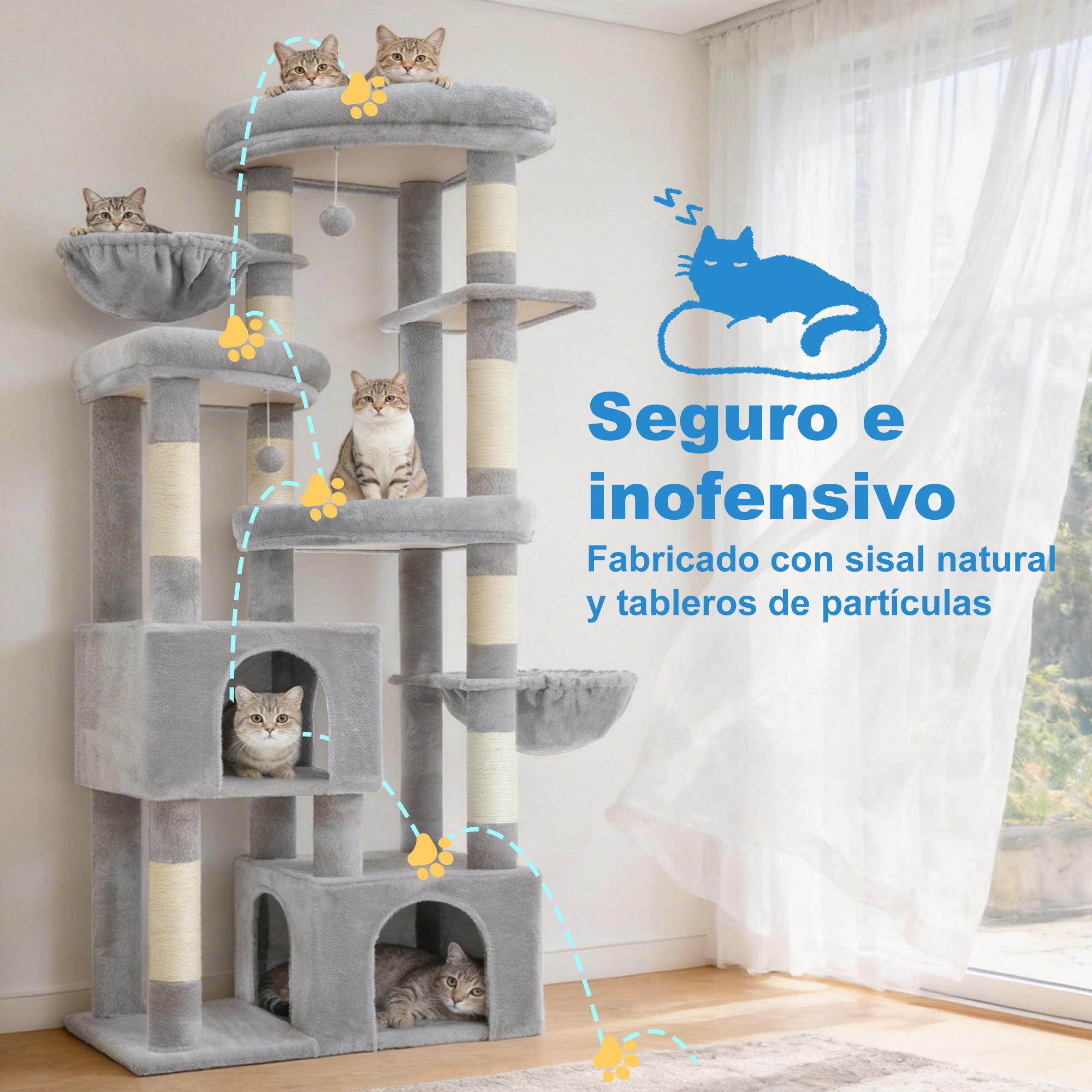 Hey‑brother Rascador para Gatos,con 3 Plataformas Grandes, 2 Cueva, MPJ084W | 171cm Árbol para Gatos Multi-Nivel, 2 Cestas Suaves, 2 Pelota de peluche, para Maine Coon de Interior, Gris Claro