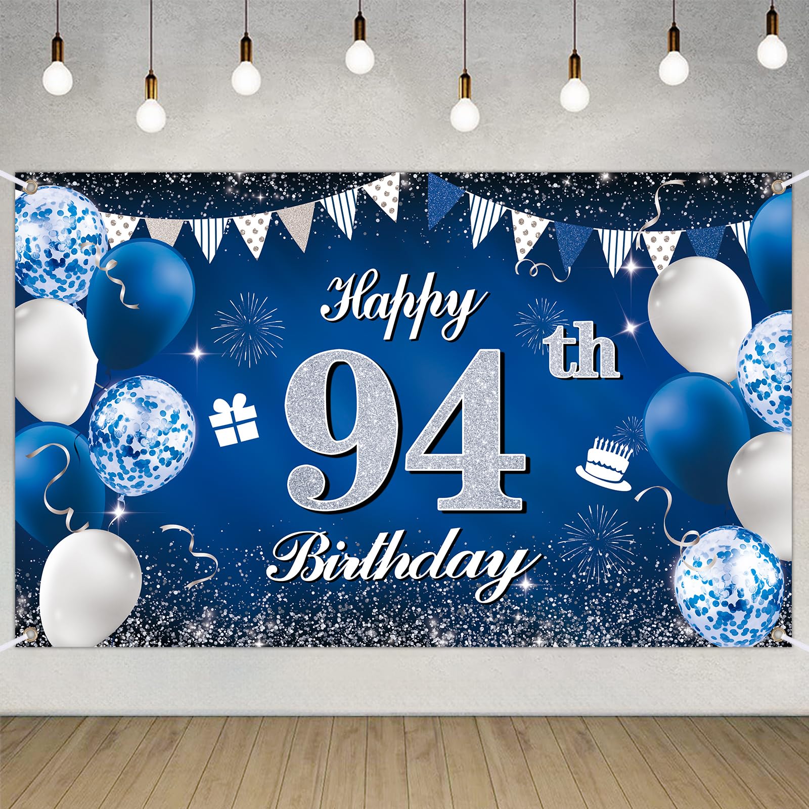 Happy 94th Birthday Decorations Blue Birthday Banner for Party Backdrop for Men Women Party Decoration Supplies