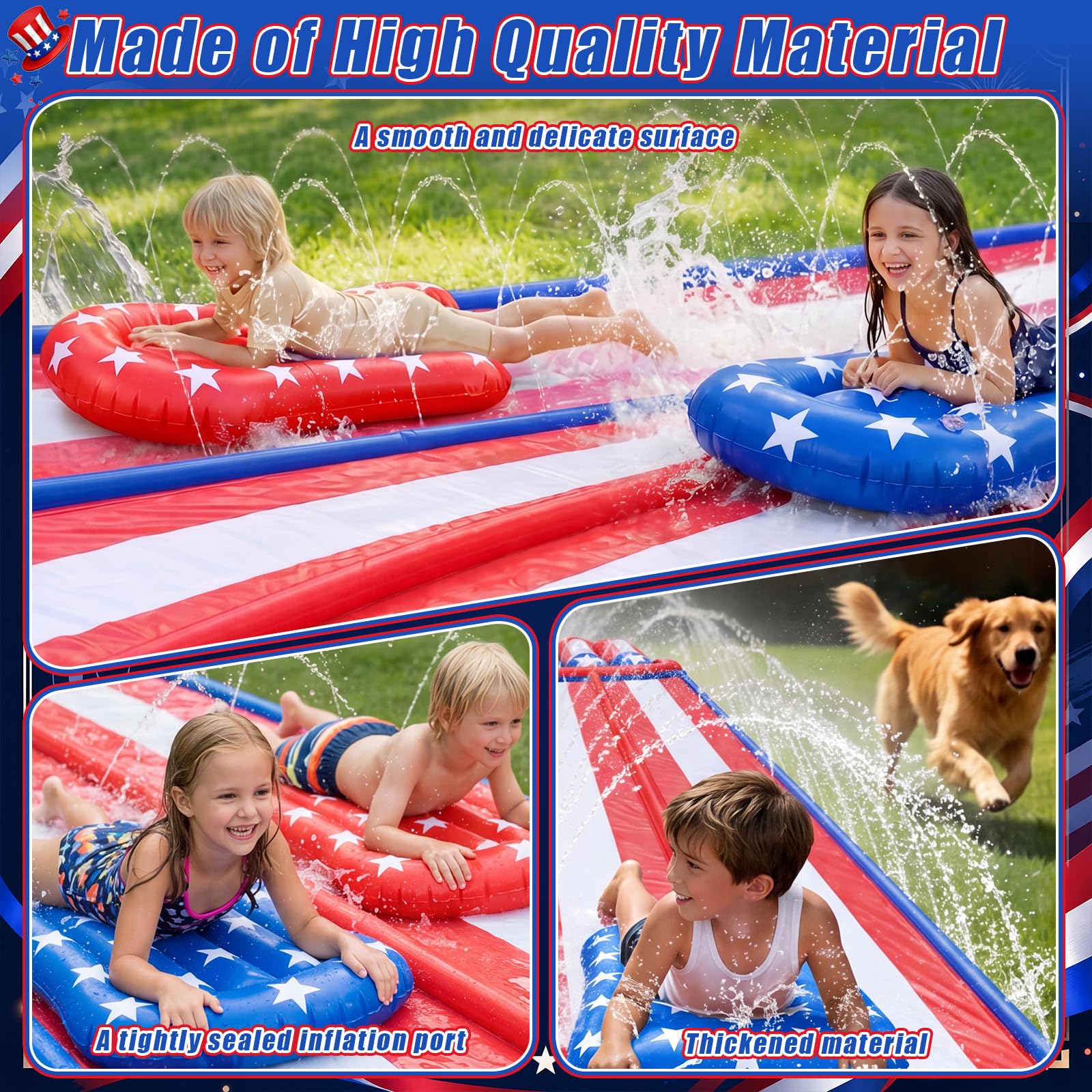 Scivolo acquatico patriottico del cortile del 4 luglio da 6,7 m con irrigatore e 2 bodyboard 2 corsie slip rosso bianco e blu bandiera americana scivolo per il Memorial Day 250th Outdoor
