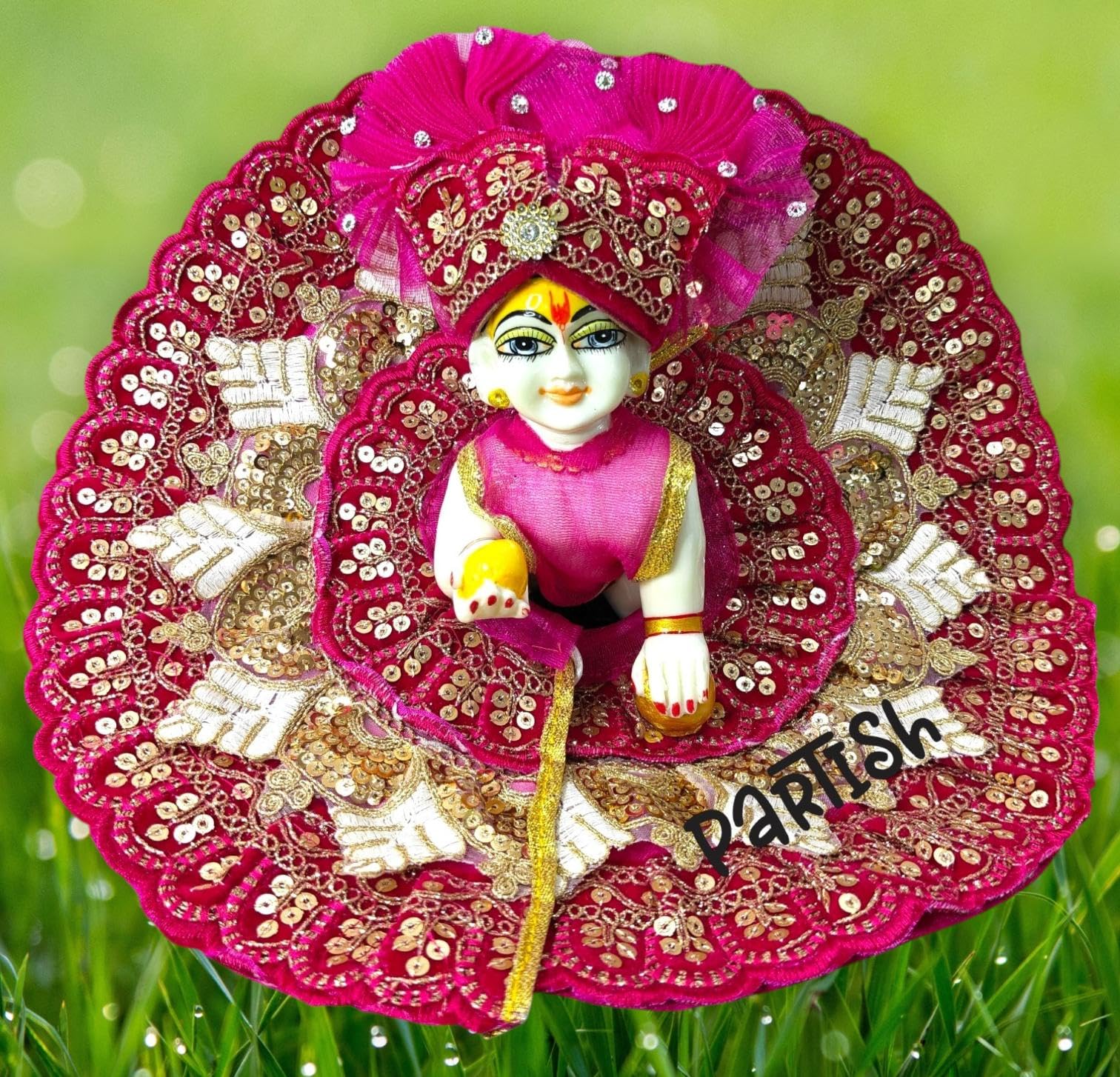 Partish Laddu Gopal Dress with Pagdi and Choli l Ladoo Gopal Dress l Kanha Ji | Thakur Ji Poshak for Janamashtami Dress (Size 5,Pink)-picture-13