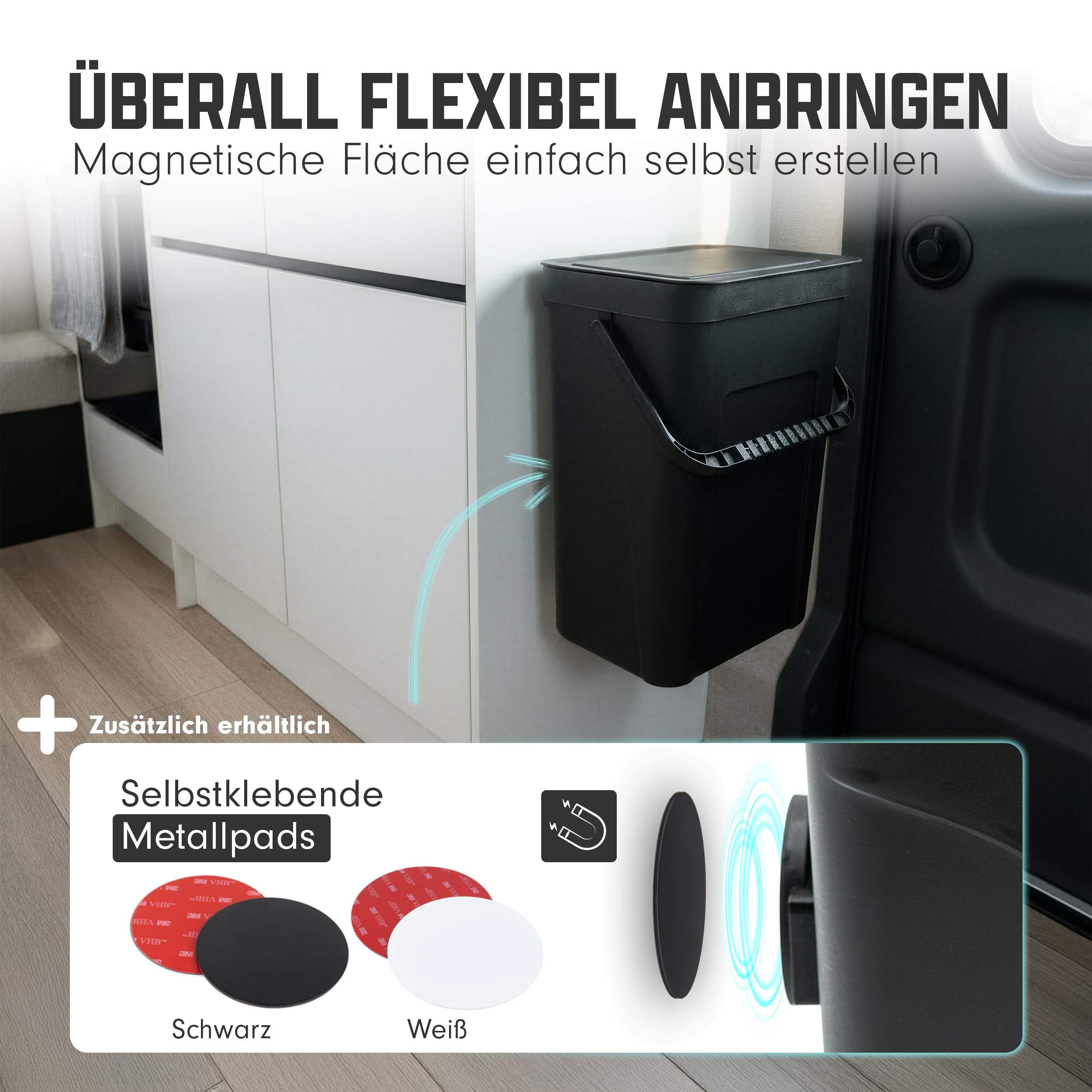 Campnetic Magnetischer Camping Mülleimer 16 Liter | 8L Variante verfügbar, Mobiler Abfalleimer für Camper, Van & Wohnmobil, Wetterfester Müllbehälter, ohne bohren