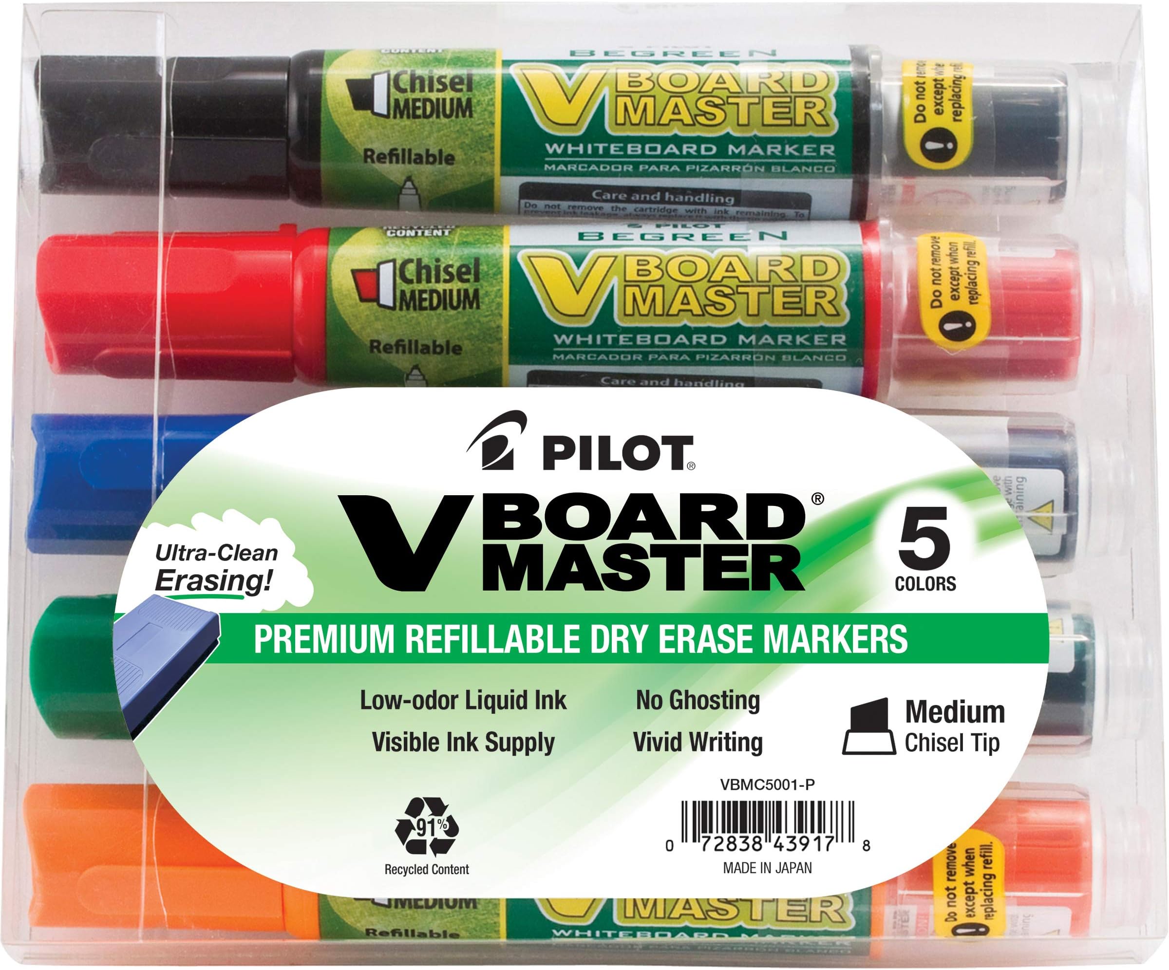 V Board Master Refillable Dry-Erase Markers, Medium Chisel Tip, Assorted Color Inks, 5 Count