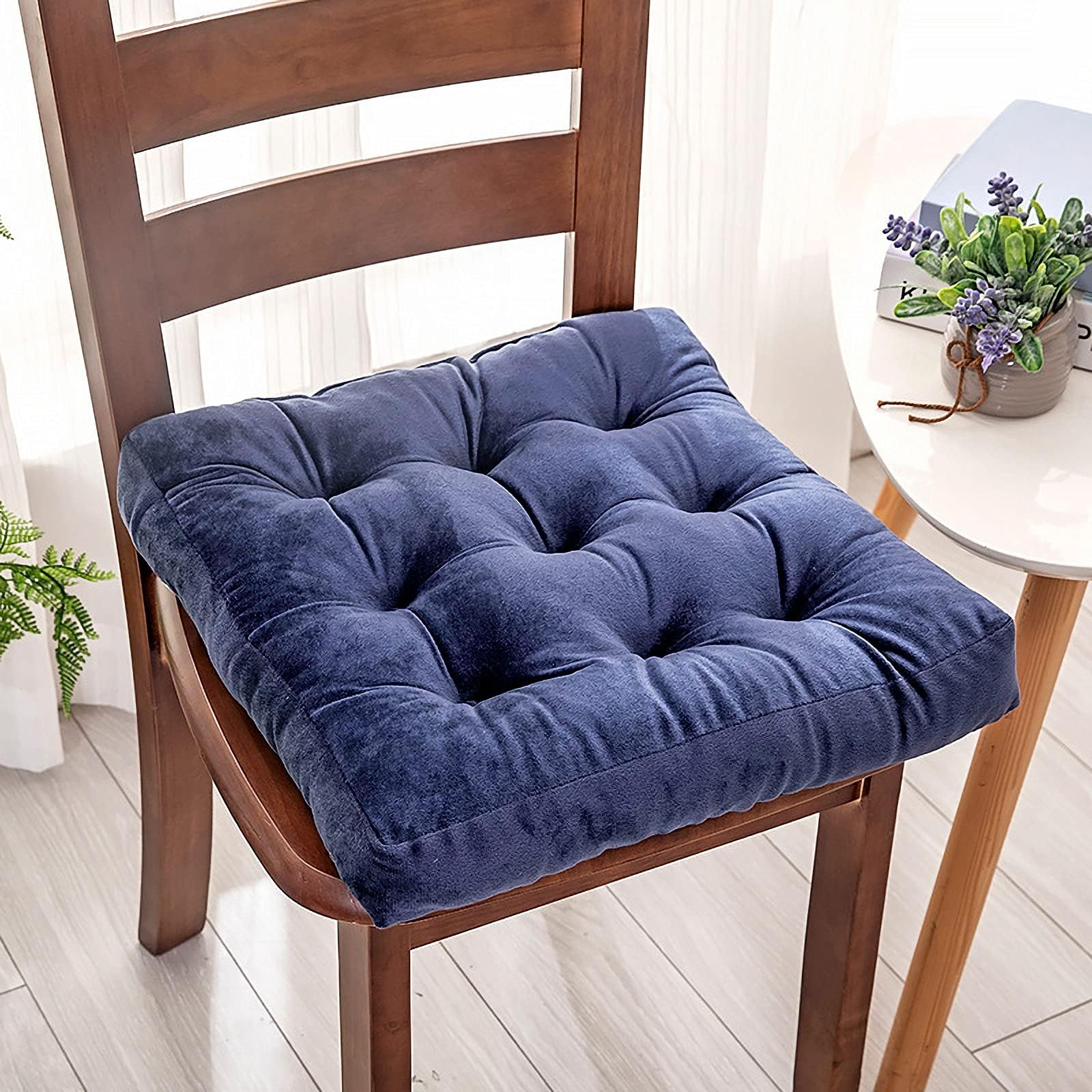 Velvet Solid Chair Pad Non-Slip Soft Thick Washable Square Seat Cushion Home Floor Cushions for Kitchen Dining Chairs (Navy, 18"x 18")