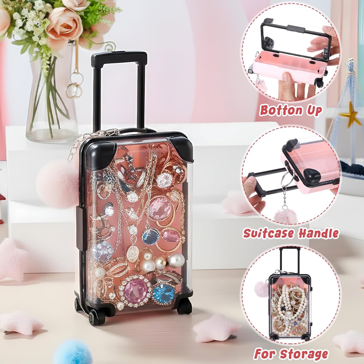Gejoy 16 Pcs Mini Suitcase Party Favor Box with Plush Ball Keychains 7.48 x 3.15 x 1.97 Inches Empty Luggage Storage Box Clear Candy Packaging Containers for Baby Shower Travel Wedding (Pink)
