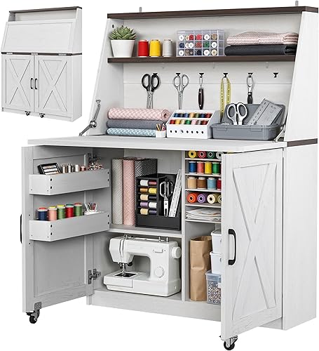 DWVO Folding Sewing Table with Charging Station & Storage, Multi-Function Craft Desk with Lockable Wheels, Magnetic Doors & Hidden Storage