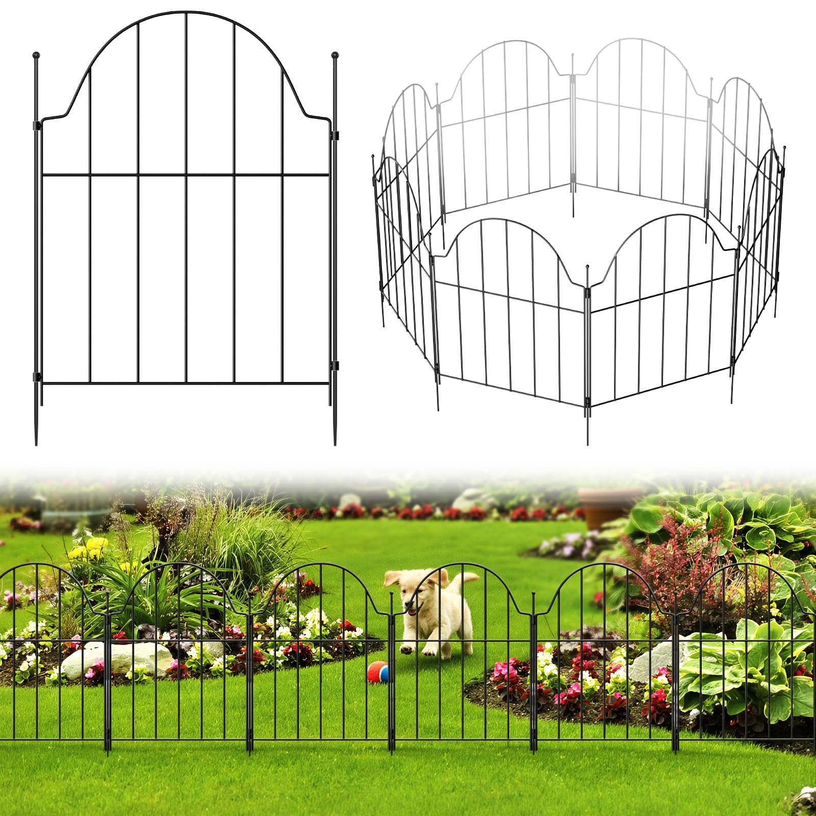 The Fellie Metal Garden Fence Panels, 42cm(H) x 32cm(W) |10 Pcs Garden Border Fence Total Length 3.2M, No Dig Decorative Animal Barrier Fencing for Outdoor, Patio, Lawn, Flower Bed, Easy Set Up, Black