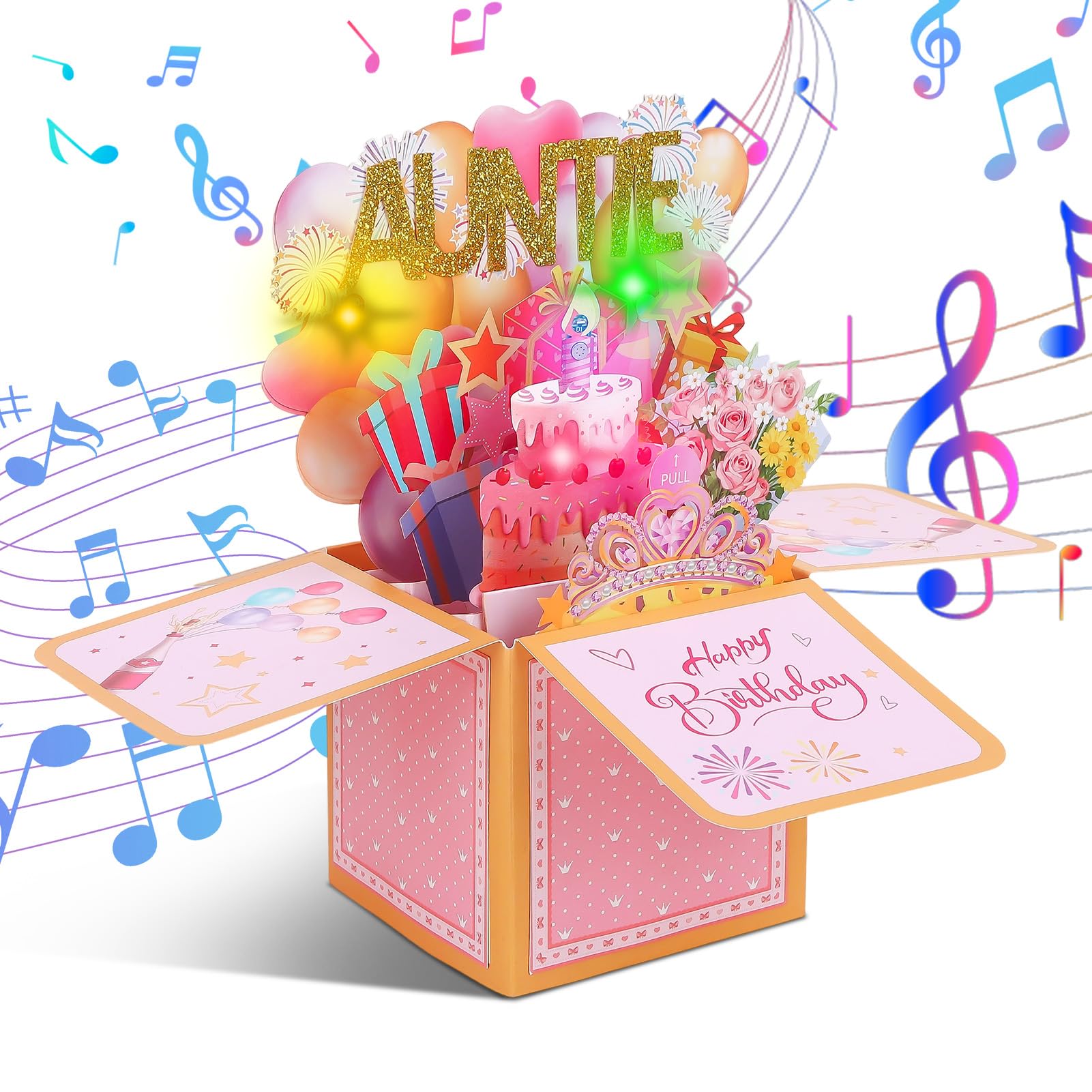 Candcamp 3D Auntie Birthday Card with Music and Blowable LED Lights Candle,Musical Pop up Greeting Cards Birthday Gifts for Auntie Women Party Decoration Keepsake