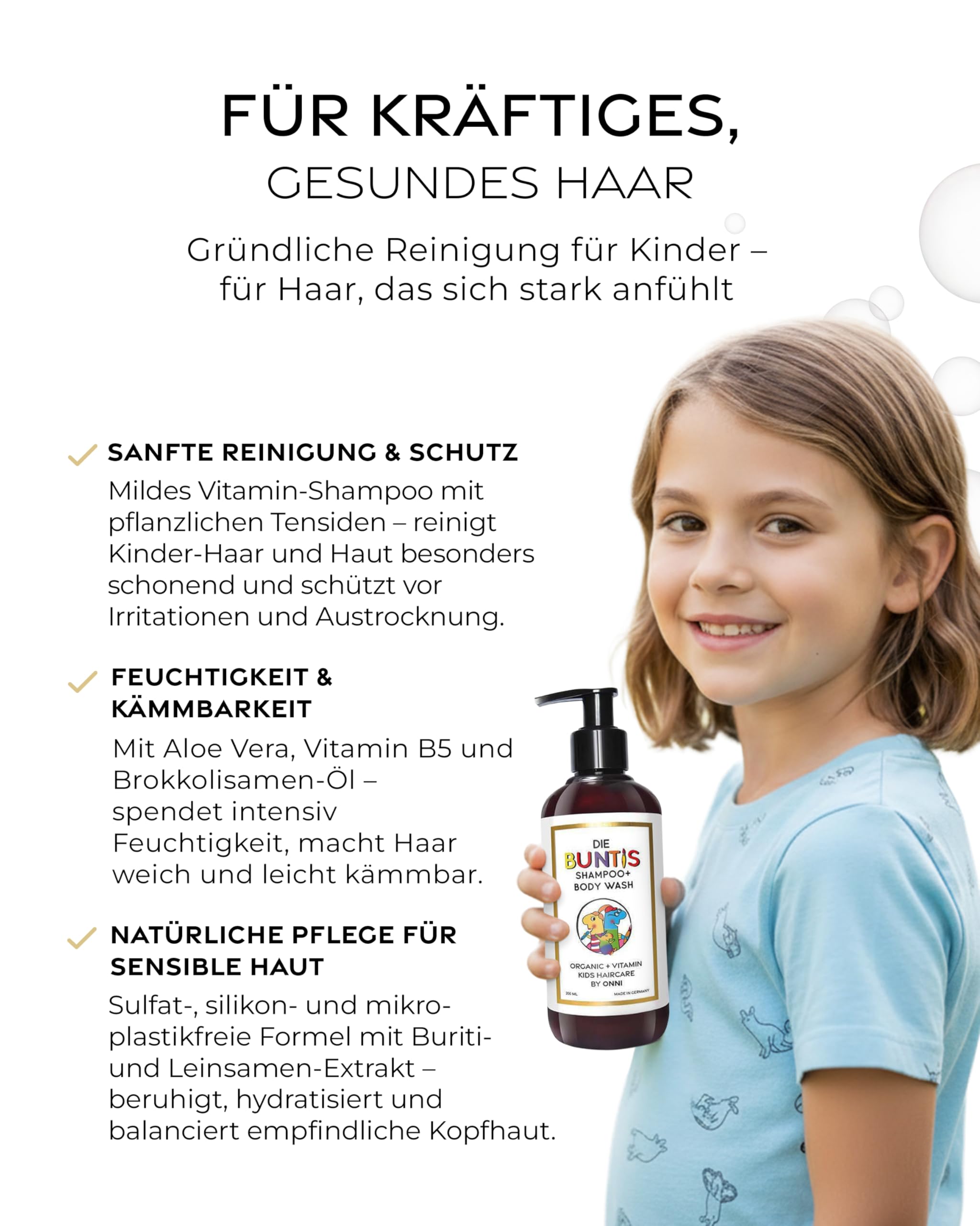 ONNI – Kindershampoo 2-in-1 Formel Kids Shampoo & Body Wash 200ml – Kinder Vitamin Shampoo sanfte Haarpflege für empfindliche Kopfhaut – Ohne Augenbrennen – vegan, ohne Sulfate, Silikone & Parabene