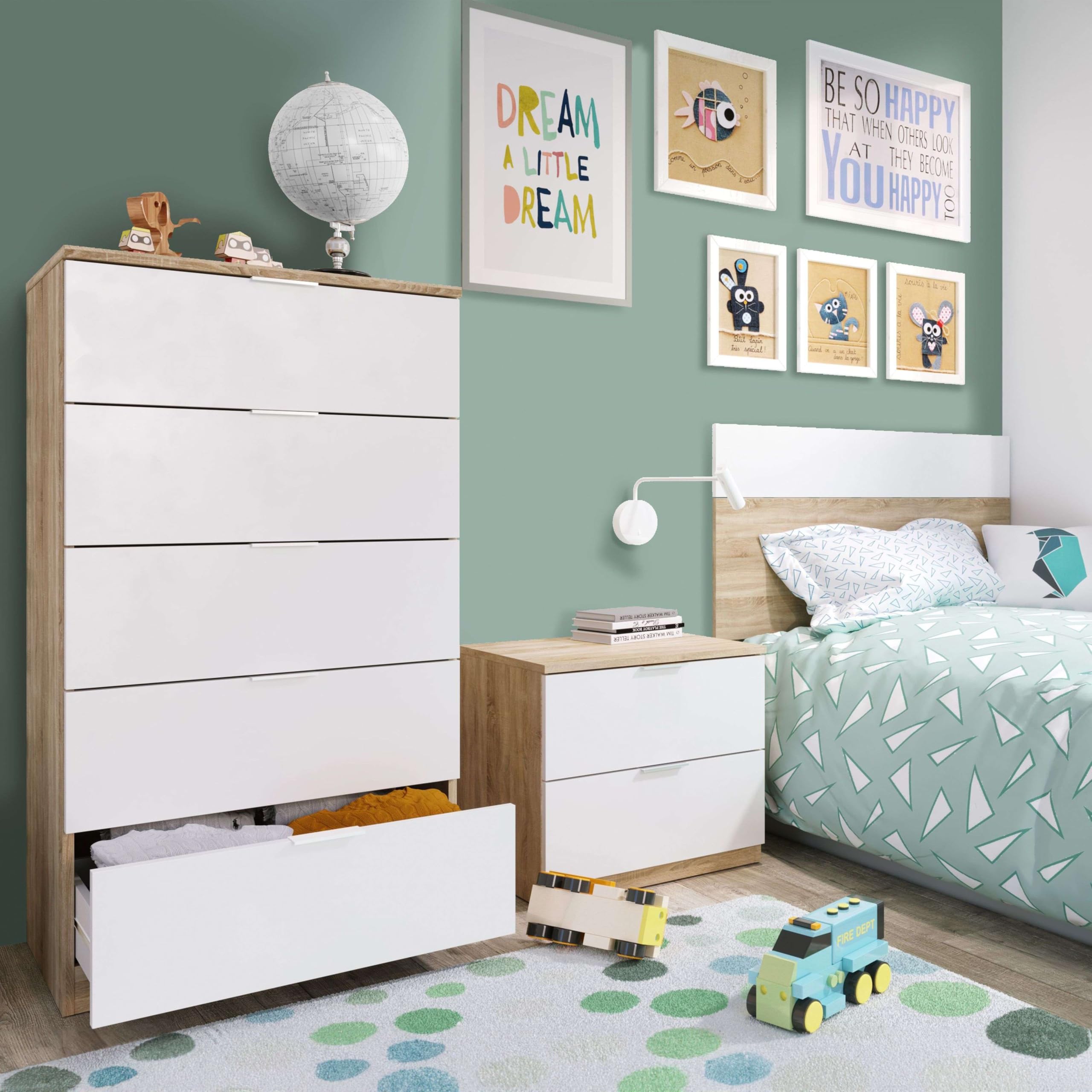 Miroytengo Conjunto Habitación Juvenil Infantil Blanco Artik (Mate) Y Roble Canadian (Cabezal+mesita+sinfonier)