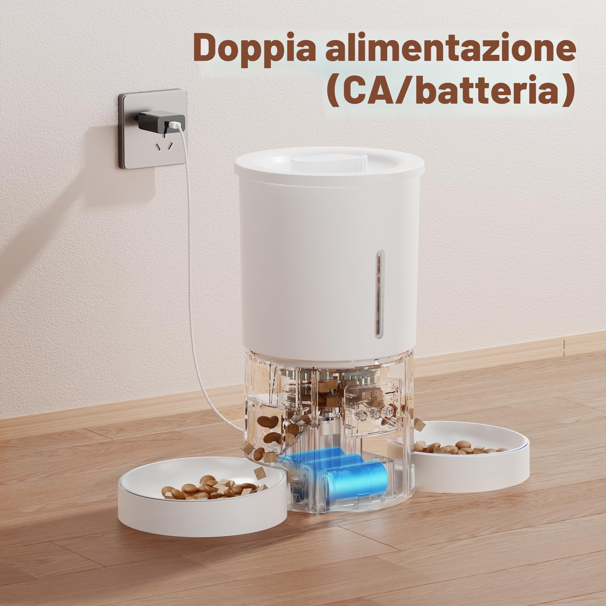 Distributore Automatico Cibo Gatti 2 Ciotole: 5L Distributore Automatico Cibo Cane con Timer WiFi 2.4G per Crocchette - Design Doppia Ciotola per Famiglie con Più Gatti & Cani - Bianco