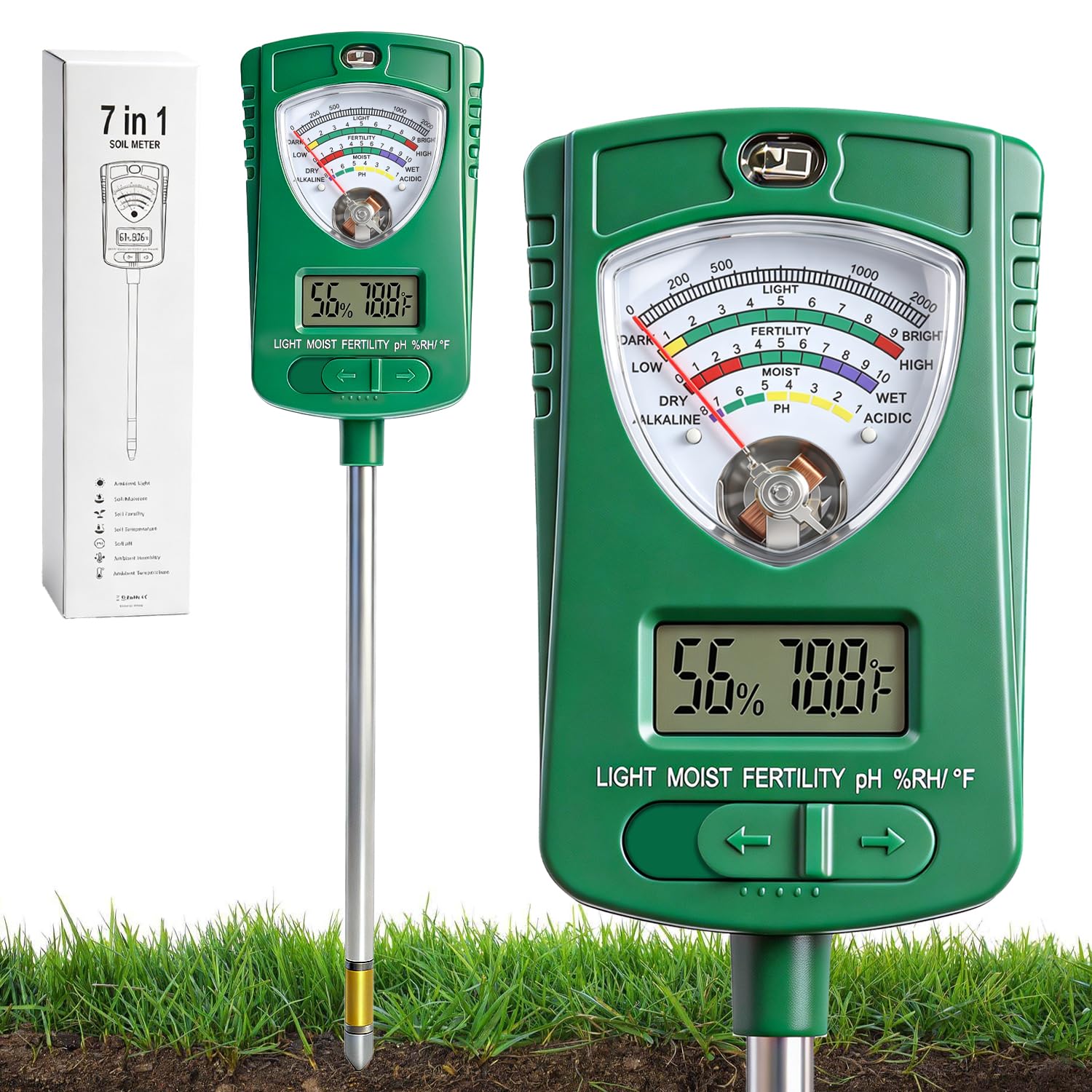 7-in-1 Soil Test Kit with 90° Rotatable Head, Soil Tester for Moisture/pH/Light Intensity/Fertility, Digital Screen for Soil &amp; Air Temp/Humidity, Ideal for Garden, Lawn, Farm, Indoor/Outdoor Plants