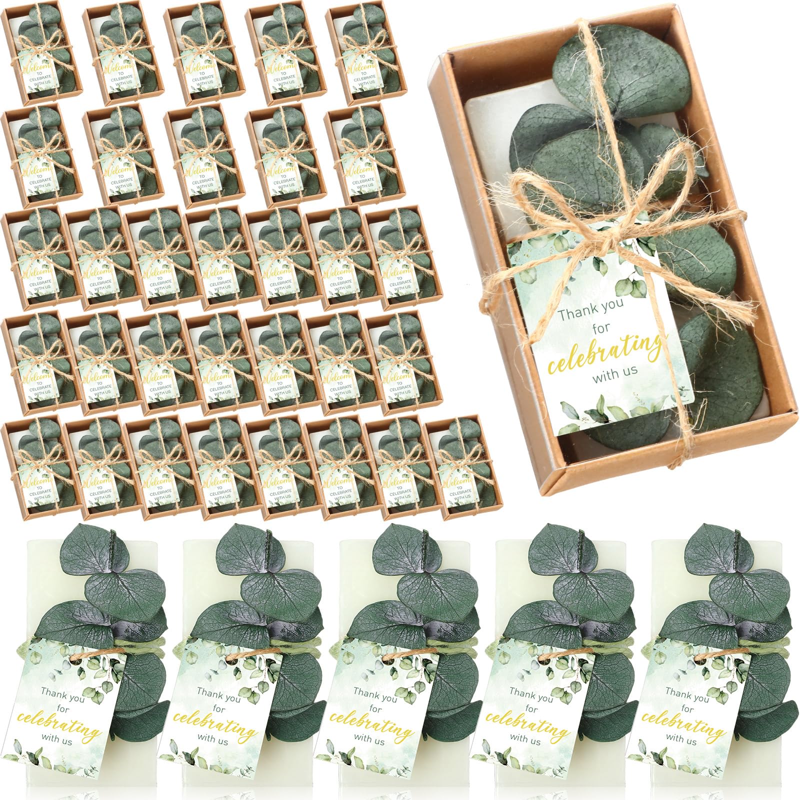 50 Sets Mini-Eukalyptus-Seifen, handgefertigte Seifen, Hochzeitsseife, Partygeschenke, Babyparty-Geschenke für Gäste, mit Dankeskarten, Box für Brautparty, Hochzeit