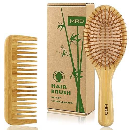 MRD Cepillo y peine de bambú para el cabello, para hombres y mujeres, masaje cuero cabelludo grueso, fino, rizado, seco para mujeres y hombres