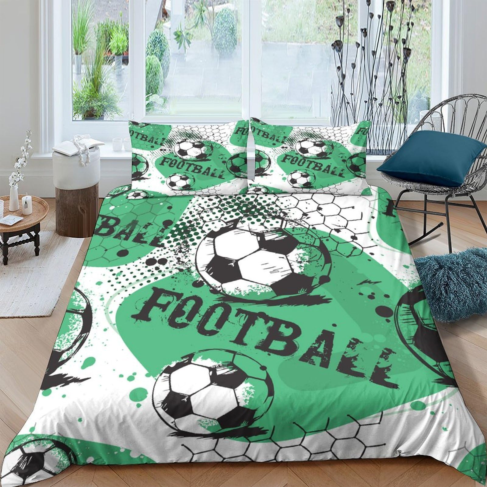 GPLZQXKJNH 3D Printed Football Soccer Duvet Cover Set Microfiber Green Bedding Set with 2 Pillowcases for Bedroom Decor, Single（135x200cm）