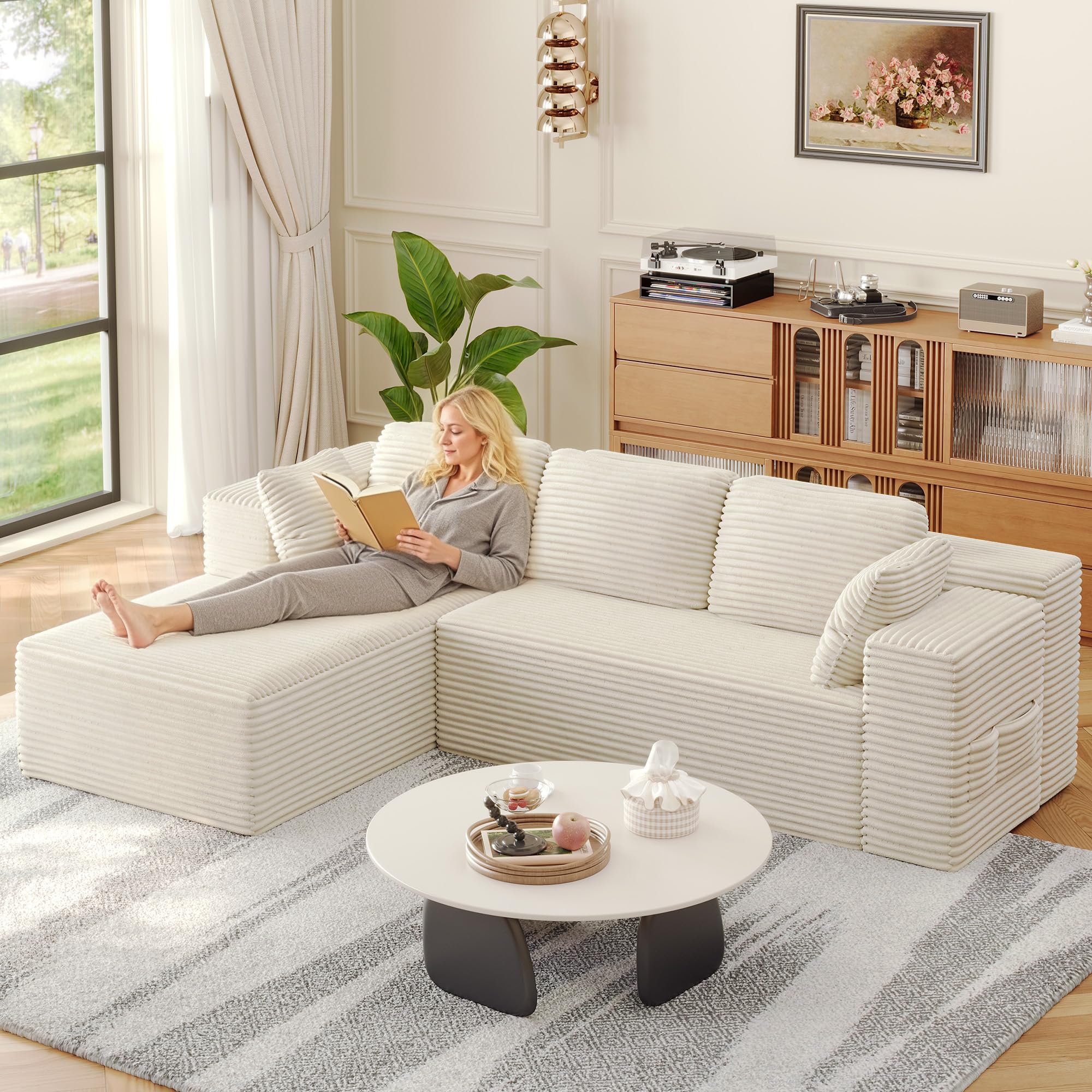 Xbro Sofa 3-osobowa w kształcie litery L z sztruksu, nowoczesna sofa do salonu z poduszkami i bocznymi kieszeniami, pianka 30D o wysokiej gęstości, 250 x 160 x 62 cm, Beżowa