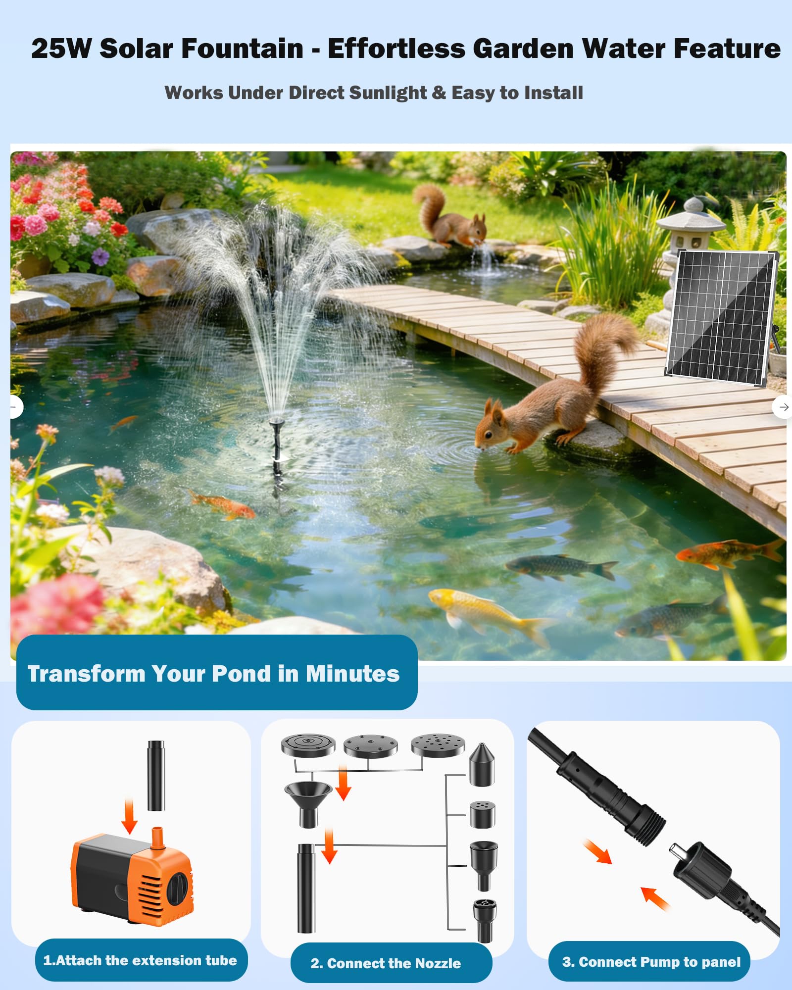 Antfraer 25 W Solar-Teichpumpe, Solar-Springbrunnenpumpe mit 1,8 m Schlauch und 4,6 m Kabel für Gartenteiche, Aquarien, Wasserfälle und DIY-Brunnen-Wasserspiele