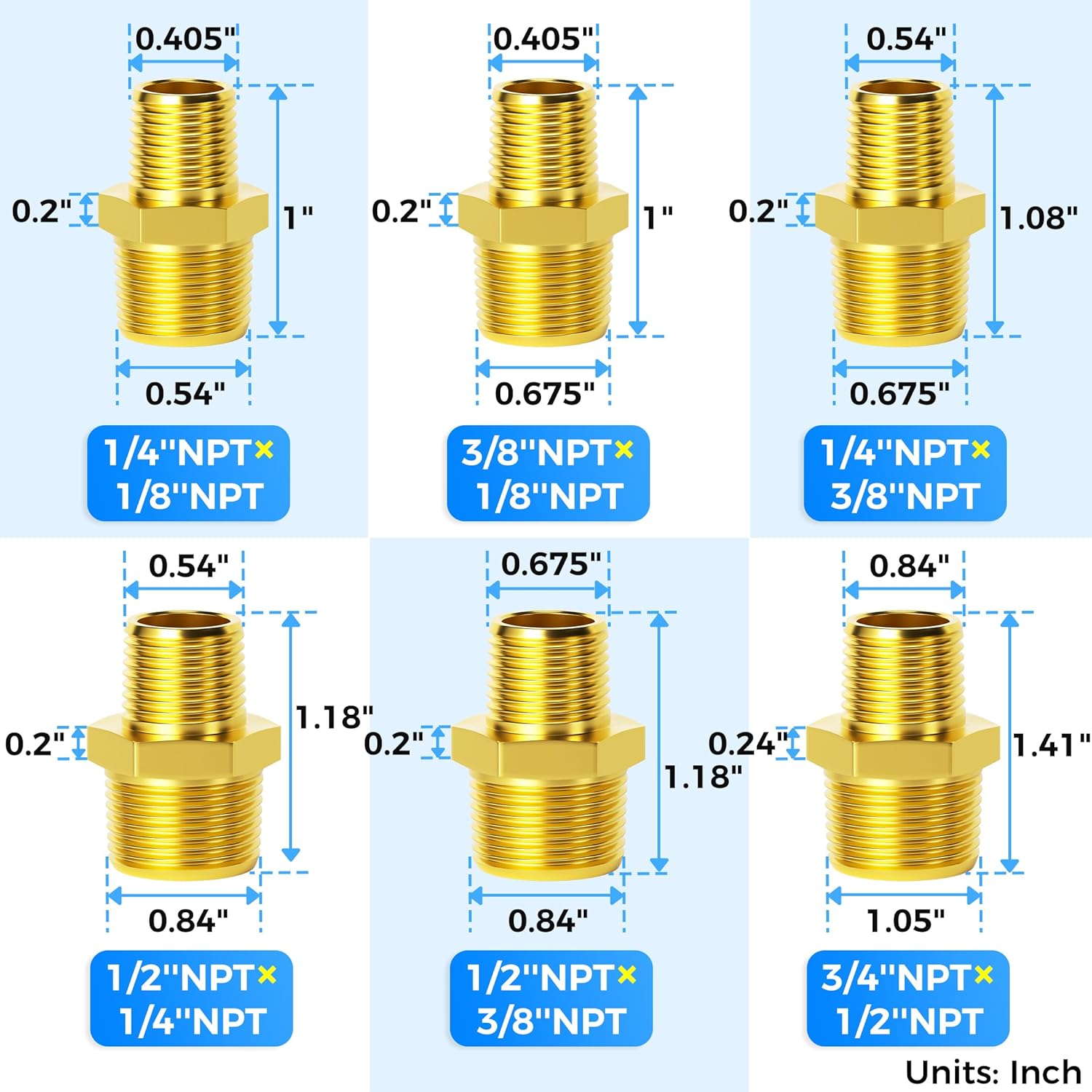 TAILONZ PNEUMATIC Pipe Fitting and Air Hose Fitings Hex Nipple Coupling Set - 3/8 Inch NPT x 1/4 Inch NPT,Solid Brass Male Pipe（Pack of 15）