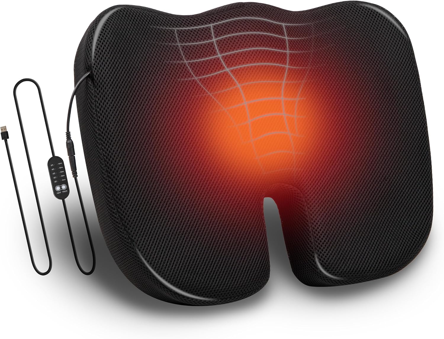 Mind Reader Heated Memory Foam Seat Cushion - Air-Cloud Ergonomic Support, 4 Heat Settings, Timer Auto Shut-Off, Black