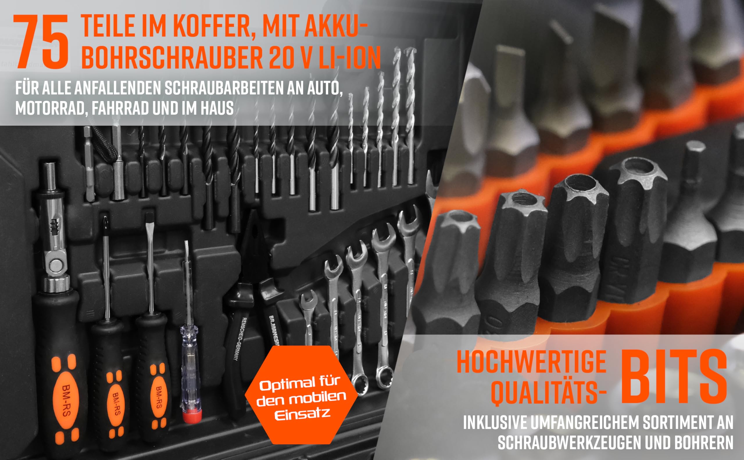 Brüder Mannesmann Walizka narzędziowa, z wiertarko-wkrętarką akumulatorową, 20 V, litowo-jonowa, 75-częściowa | M17578