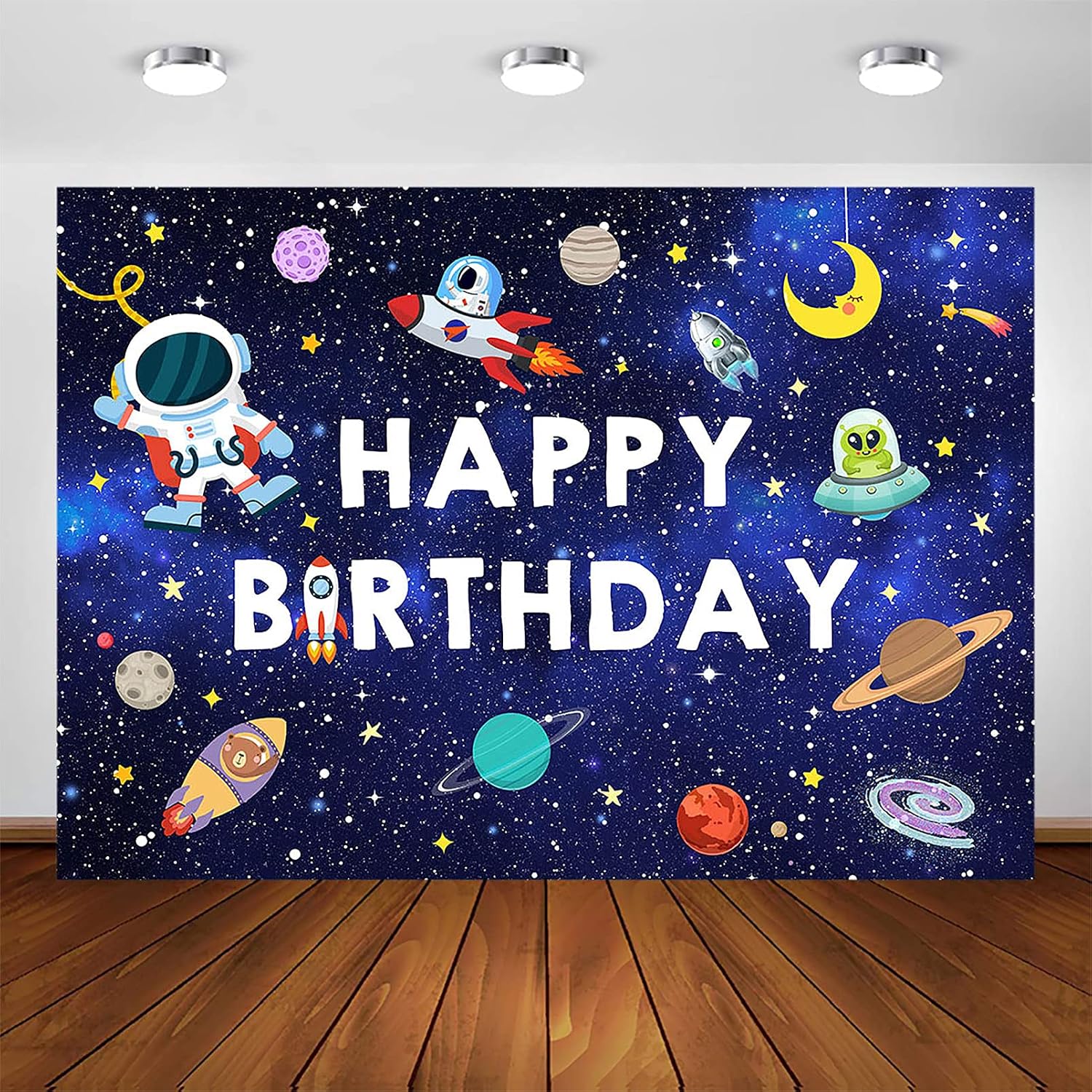 Avezano Outer Space Happy Birthday Backdrop for Boy Blue Planet Birthday Photography Background Universe Galaxy Planet Boys Birthday Party Photoshoot Backdrops (7x5ft)
