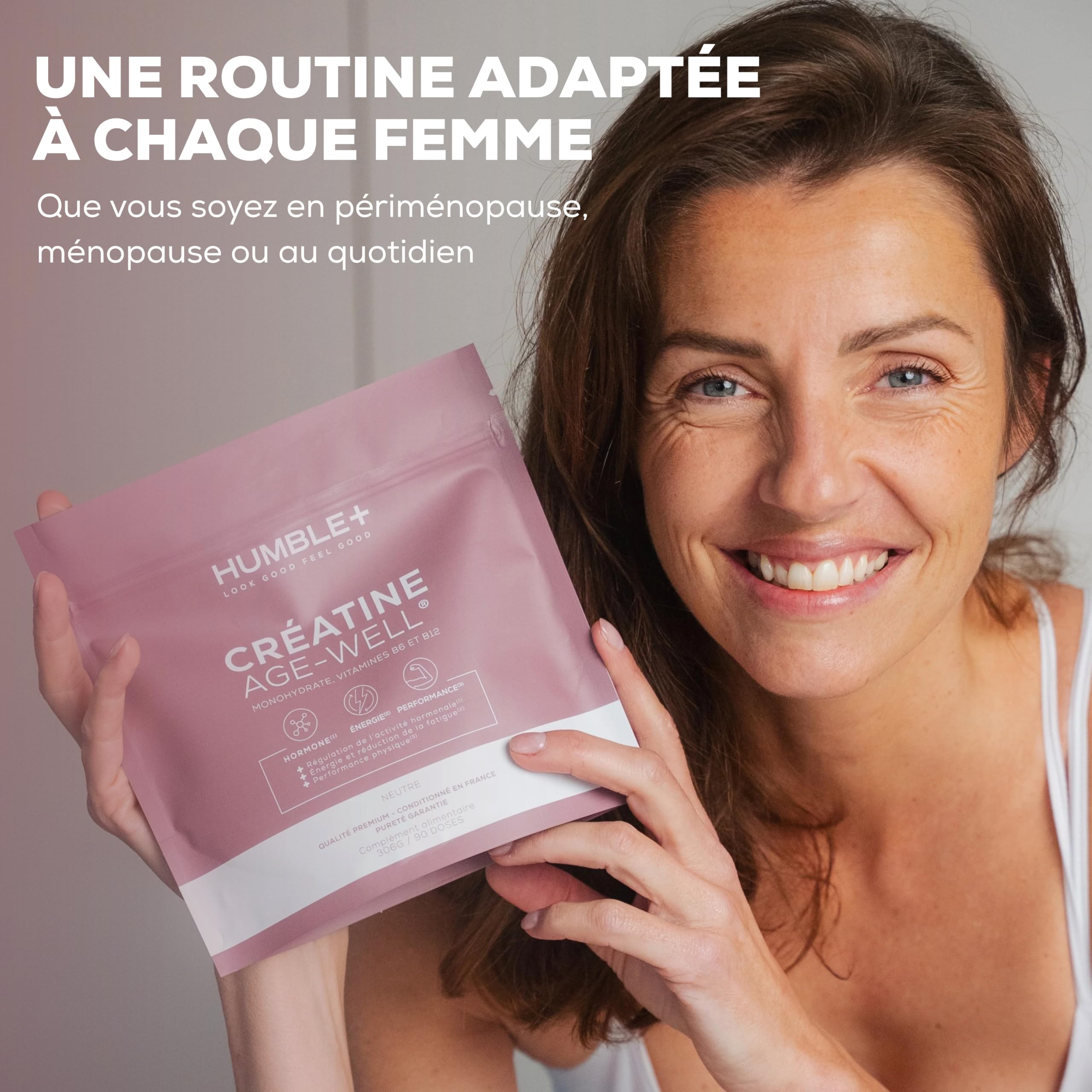 HUMBLE+ Créatine Glow Age-Well® - Créatine Monohydrate + Vitamines B6 et B12-310 g - 90 Portions - Marque Française