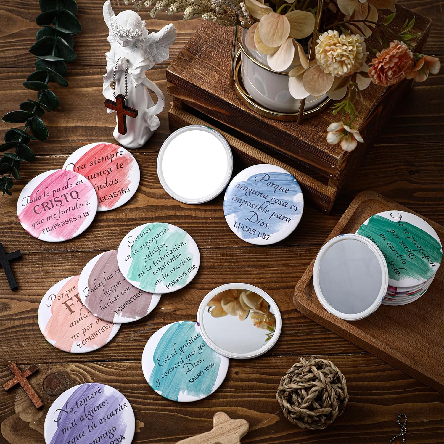 GlikCeil 60 Pcs Spanish Christian Compact Mirrors for Women Inspirational Bible Verse Pocket Mirror Mini Purse Makeup Mirror Regalos Cristianos En Español for Mother's Day Pastor Wife Church Party
