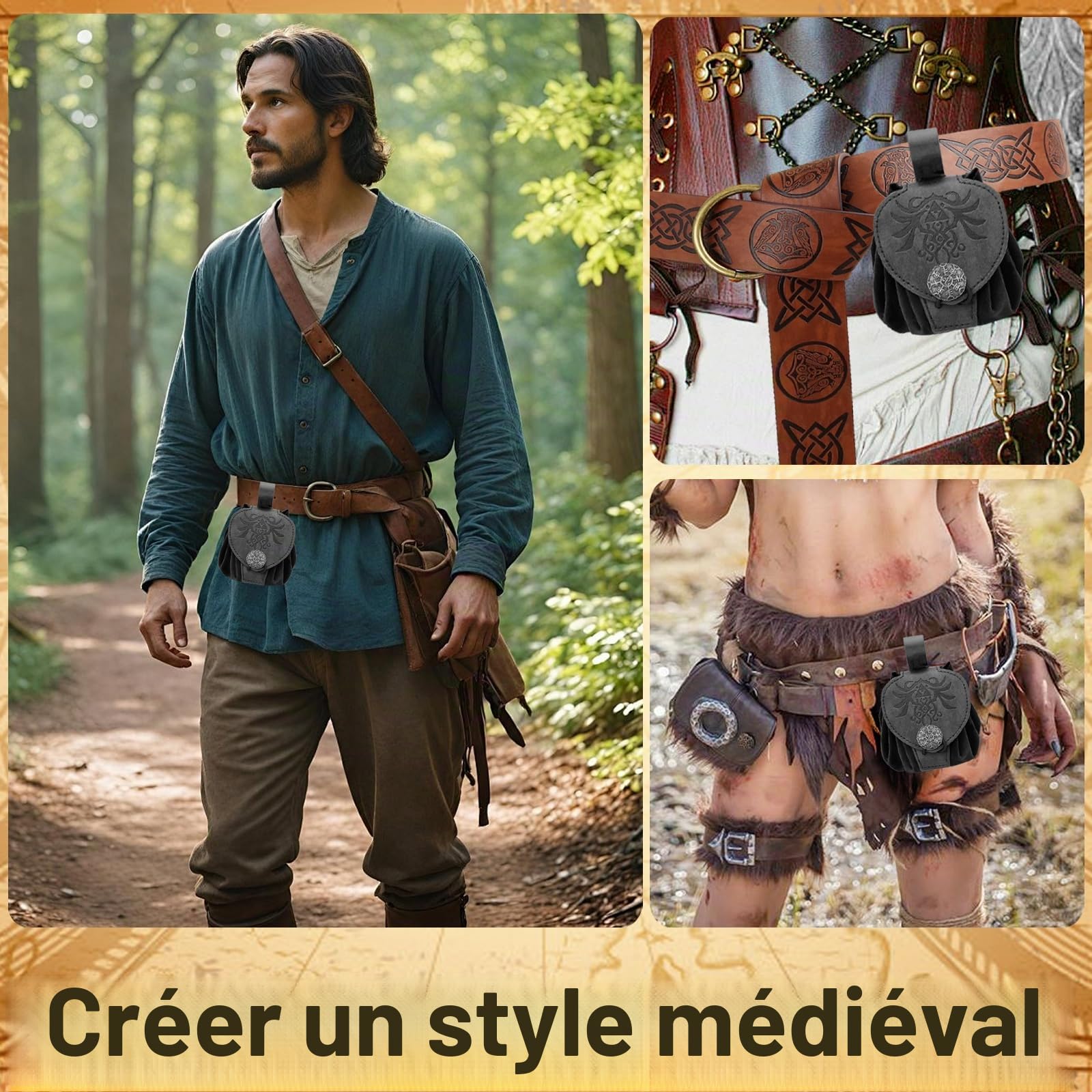 Pochette de Ceinture en Faux Cuir embossé médiéval, Retro Renaissance Portable Belt Bag Coin Purse Dice Bag