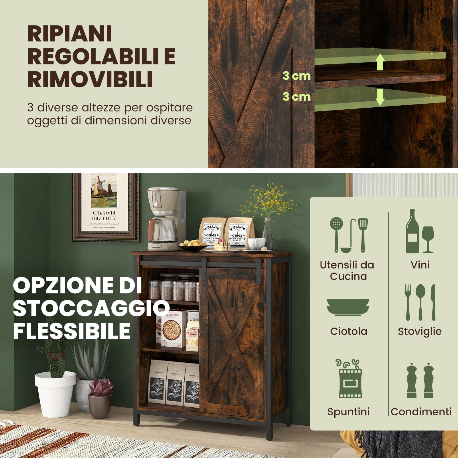 RELAX4LIFE Credenza a Buffet con Anta Scorrevole, Mobile da Cucina con 4 Ripiani Regolabili, Kit Anti-ribaltamento, Mobile Bar in Stile Rustico per Soggiorno, Sala da Pranzo e Ingresso