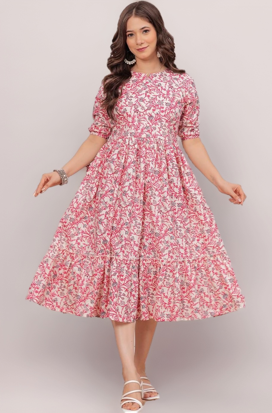 Monique Brand Women's/Girls Cotton Kurta for Women Floral Printed Anarkali Kurta || Floral Flared Western Dress