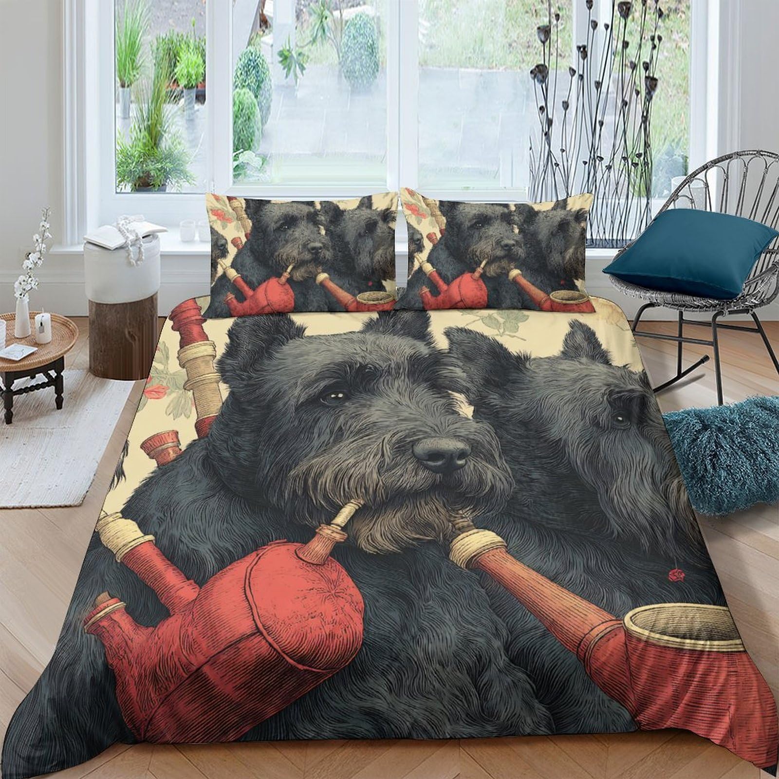 Ctjqhvkz Style-4 3D Printed Scottish Terrier Pipe Fitted Sheet Microfiber Soft Breathable Dog Art Bed Cover Bedroom Decor Single（135X200cm）