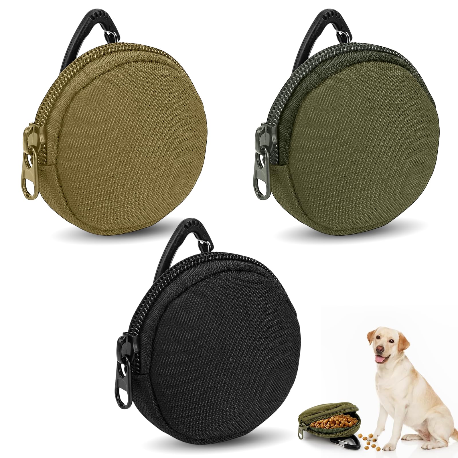 Qixuer 3 Round Dog Treat Pouches, Zippered Pet Snack Bags, Ideal for Dog Walking, Training & Travel, Portable Small Treat Holders, Dog Reward Food Pockets