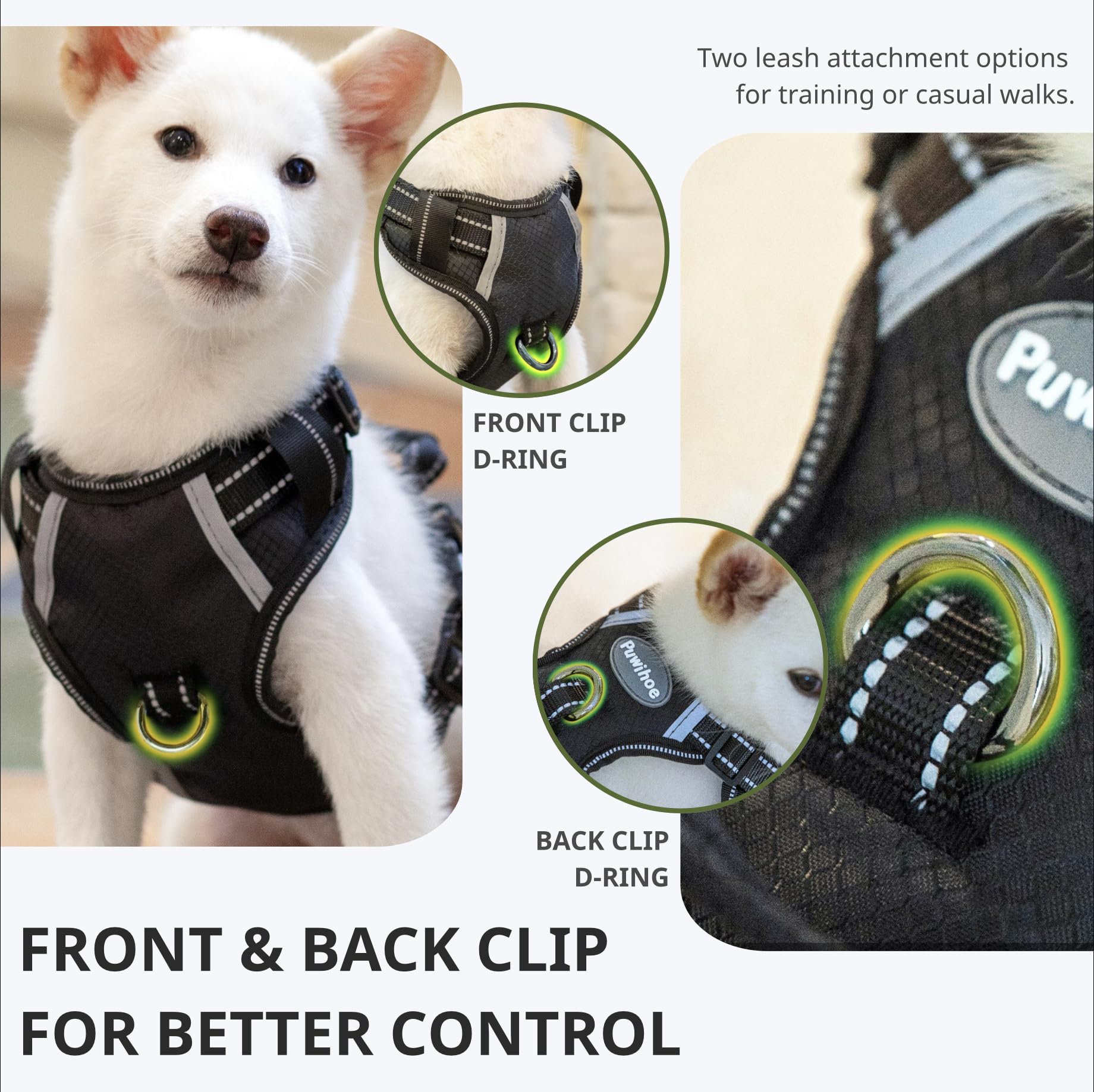 Arnés de Perro sin Tirar, Chaleco Reflectante para Mascotas con Mango y Clips de Correa Delantera y Trasera, fácil Control, Transpirable y Acolchado Suave para Perros medianos Negros, M