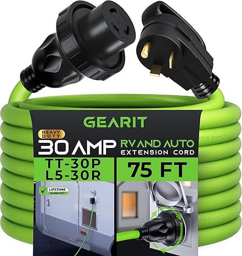 GearIT Cable de extensión de alimentación RV de 20 amperios (75 pies), 3 clavijas, NEMA TT-30P a L5-30R, adaptador de bloqueo giratorio, 125 voltios