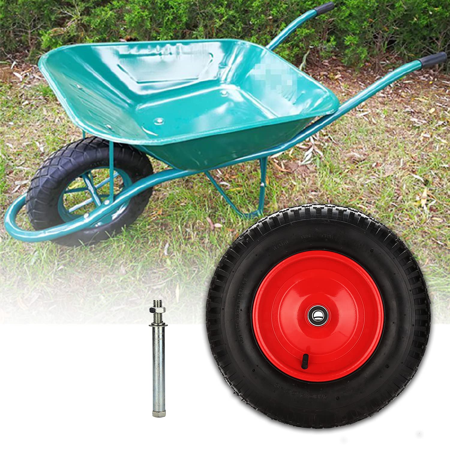 Koło do taczki, opony pneumatyczne z osią, 4,80/4,00-8, Ø 390 mm, 200 kg wraz z osią, koło zapasowe, opony do taczki, odporne na przebicie, koła z poliuretanu, zestaw 4 sztuk