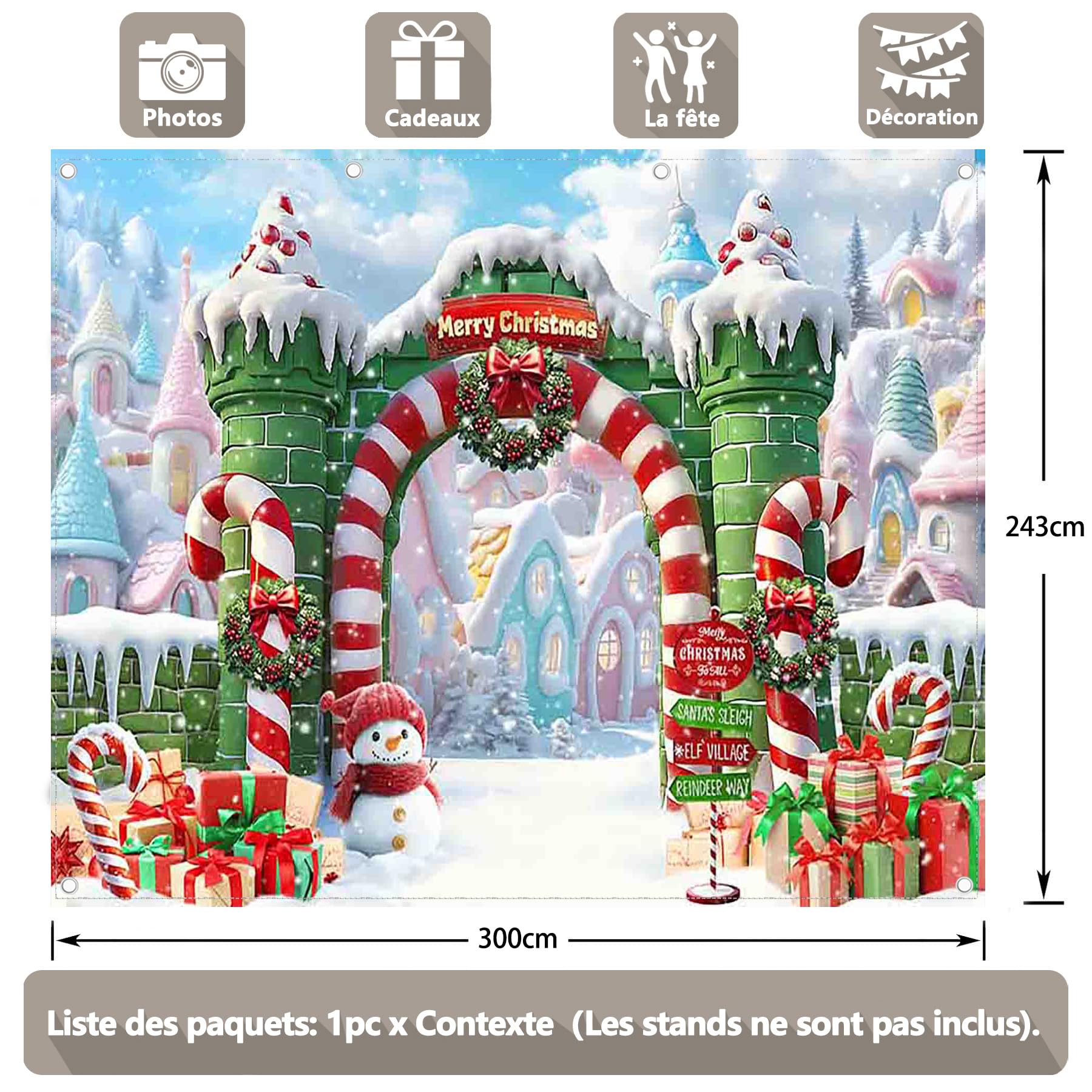 Luminora 3x2,4m ‌Hiver Noël Château Elfe Village Toile de Fond Arche