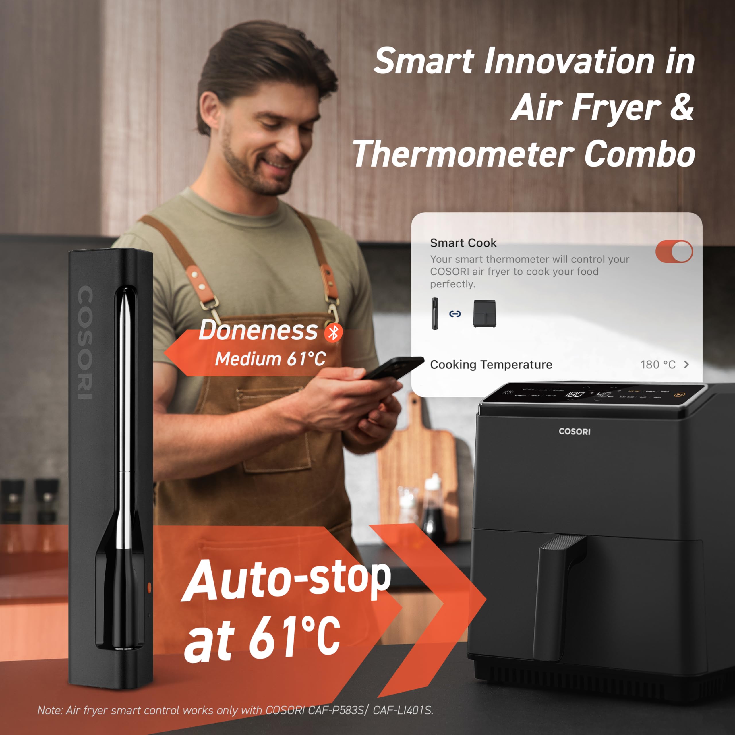 COSORI Primo termometro intelligente per carne senza fili con portata di 50 m, perfetto per friggitrice ad aria calda Dual Blaze, termometro per arrosti per cucina e barbecue, lavabile in