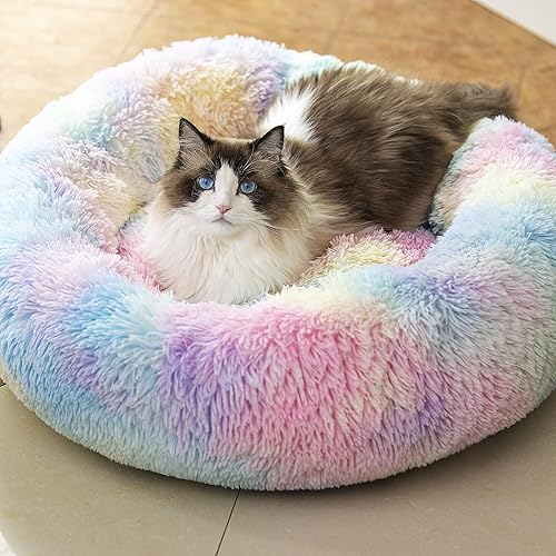 Raimaiso Anti Anxiety Round Fluffy Plush Faux Fur Warm Washable Dog Bed & Cat Bed, Original Bed for Small Medium Large Pets,Used to Relieve Joints and Improve Sleep(20"/24"/27'') (24", Rainbow) - 24" - Rainbow