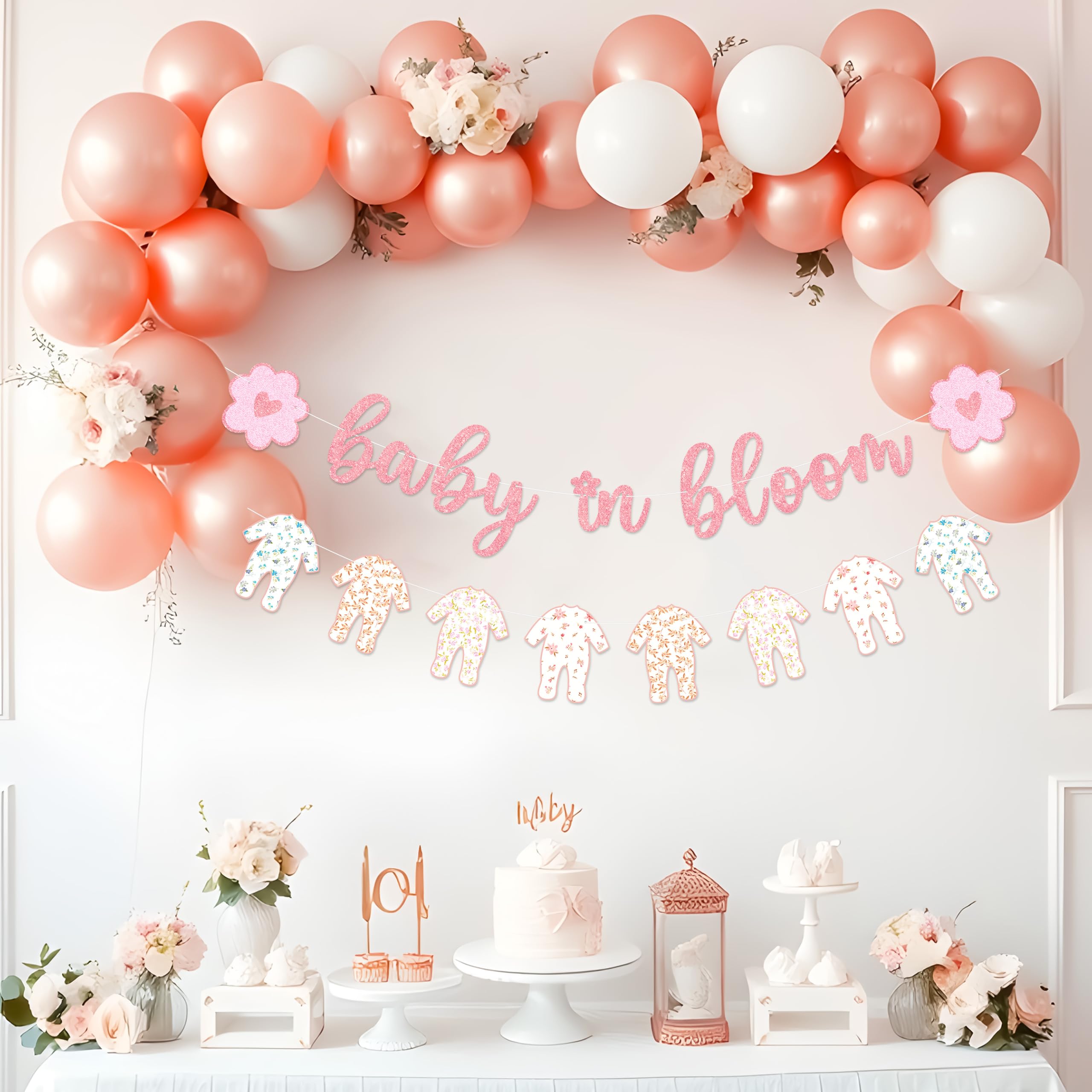 Pancarta de bebé en flor, decoración de baby shower, guirnalda floral preencordada y flores rosas, letras de oro rosa