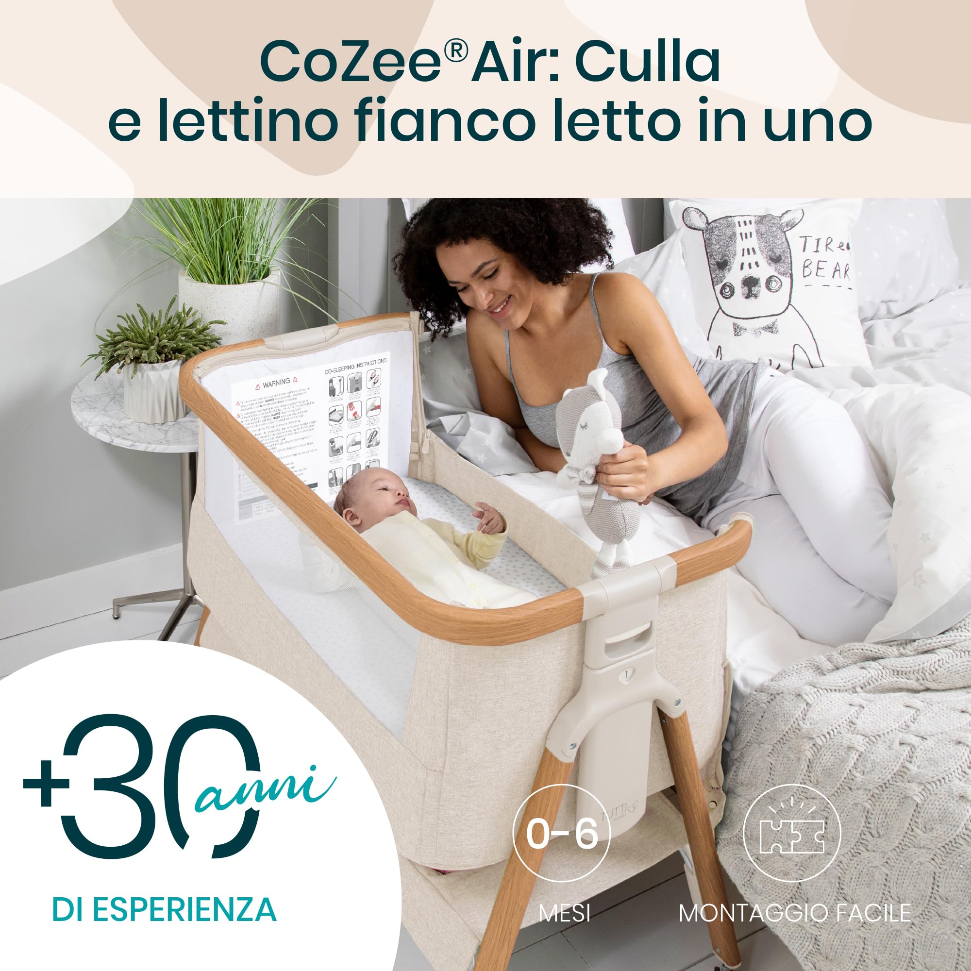 Tutti Bambini CoZee® Air Culla Neonato e Culla Co-sleeping - Con Borsa Trasporto - Chiusura Rapida - Materasso Traspirante - 6 Altezze Regolabili - 0-6 Mesi (Noce & Ecrù)