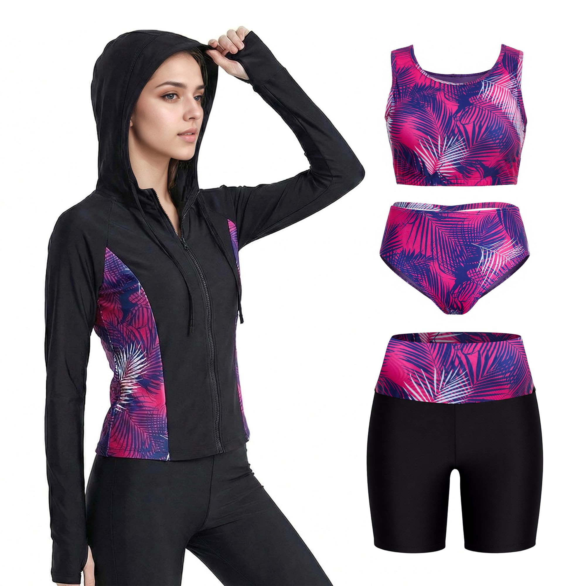 Owntop Maillot de bain à manches longues pour femme - Protection UV avec soutien-gorge intégré - Ensemble de 4 pièces pour la natation, le surf et les vacances à la plage