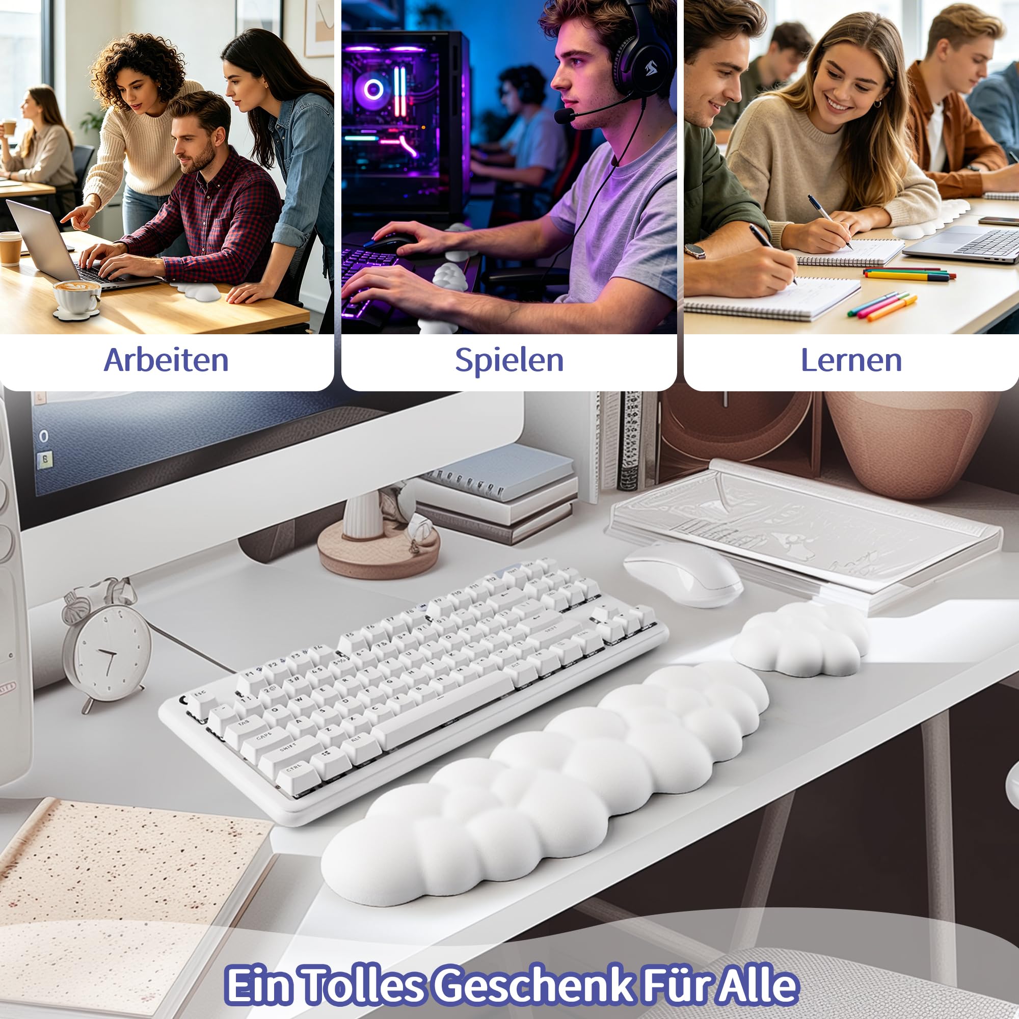 Sushret Wolkenförmige Handballenauflage für Tastatur, ergonomische Tastatur-Handauflage aus PU-Leder mit Memory-Schaum gegen Müdigkeit, Schreibtisch Zubehör für Büro, PC & Gaming – Weiß