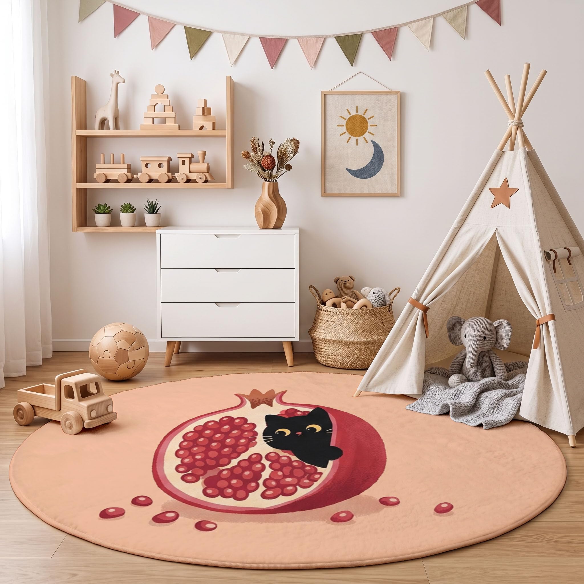 Frischer Obststil Kinderteppich, 160cm Kurzflor Rund Spielmatte Granatapfel Der Schwarzen Katze Runder Teppich rutschfest, Waschbare Spielmatte Deko-Akzent für Kinderzimmer & Leseecke