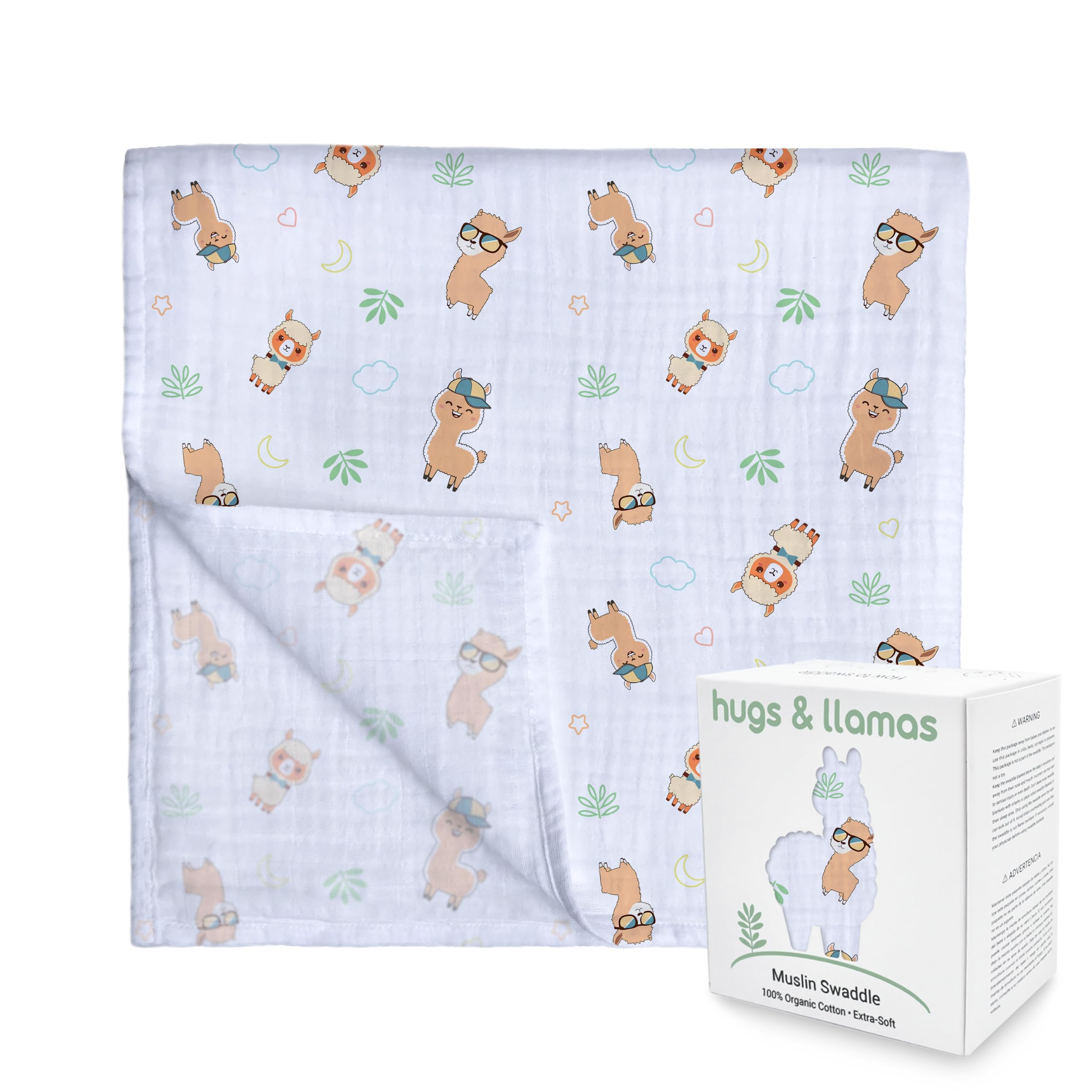 hugs &amp; llamas | 100% Organic Cotton Muslin Swaddle Blankets | Unisex Swaddle Blanket | Extra Soft | Swaddles for Newborns and Infants | Machine Washable | 47” x 47” (Fancy Llama)