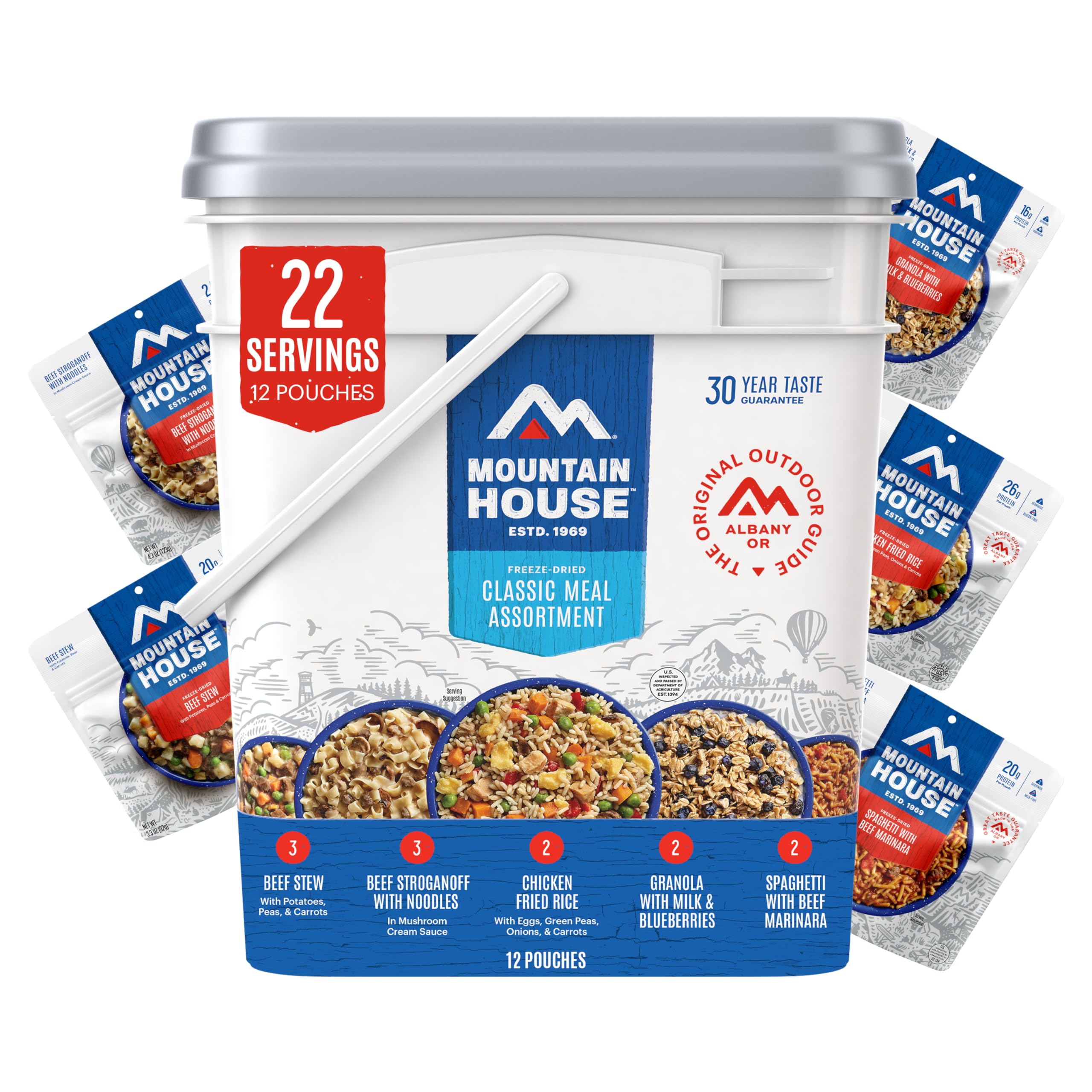 Mountain House Classic Meal Assortment Bucket Freeze Dried Backpacking & Camping Food 24 Servings
