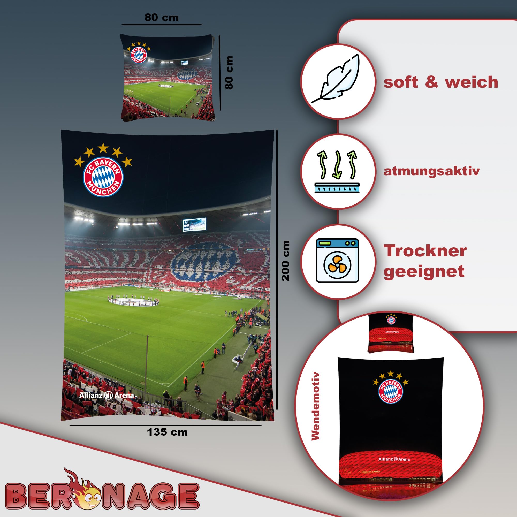 FC Bayern München Wende-Bettwäsche - Allianz Arena 135x200 + 80x80 cm 100% Baumwolle Biber/Flanell Fußball FCB Harry Kane Musiala Rekordmeister Champions-League-Sieger deutsche Größe mit RV
