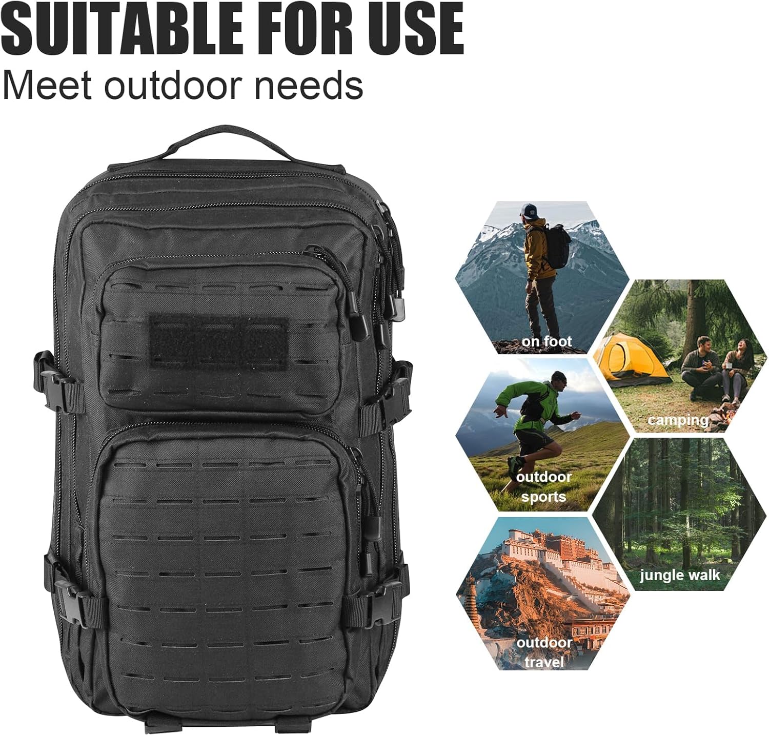 40L Tactical Backpack, Camouflage Military Bug Out Bag, Durable MOLLE Hiking Camping Gear (BLACK) - Image 8