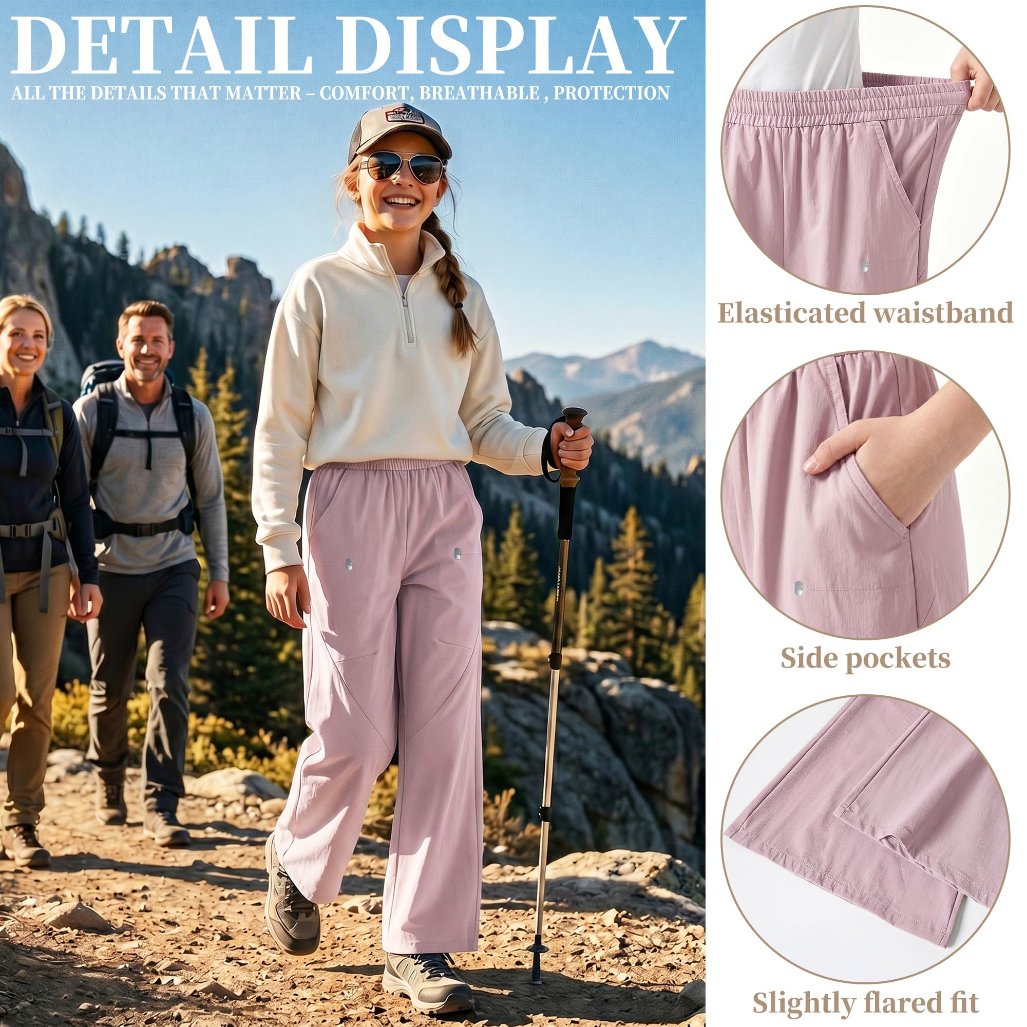 Kinder Wanderhose Mädchen Wasserdicht UPF 50+ Bootcut Trekkinghose mit reflektierenden Punkten Taschen Outdoorhose Atmungsaktiv Weiche Regenhose Schule Sporthose, Gr. 110-170