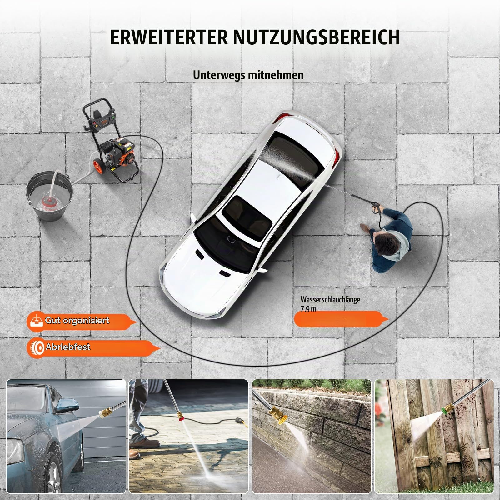 VEVOR Benzin-Hochdruckreiniger, 3400 PSI 2,6 GPM, Terrassenreinger 10 L/min mit Aluminiumpumpe, Hochdruckpistole & Verlängerungsstab, 5-Düsen-Set, für Autos, Zäune, Häuser, Terrassen, vertikal