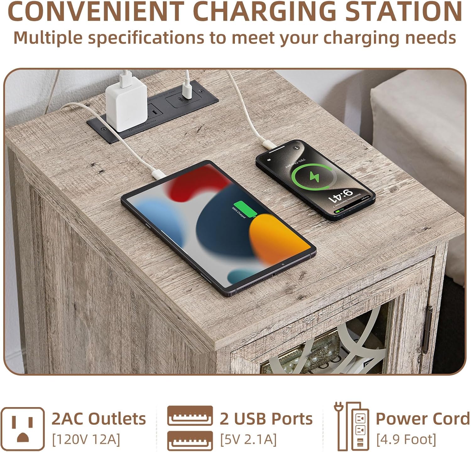 Narrow Side Table with Charging Station Set of 2, Night Stand with Glass Door,Bedside End Tables with Adjustable Shelf Storage Cabinet,Wood Nightstand for Small Spaces Living Room Bedroom with Charger Grey Oak 2
